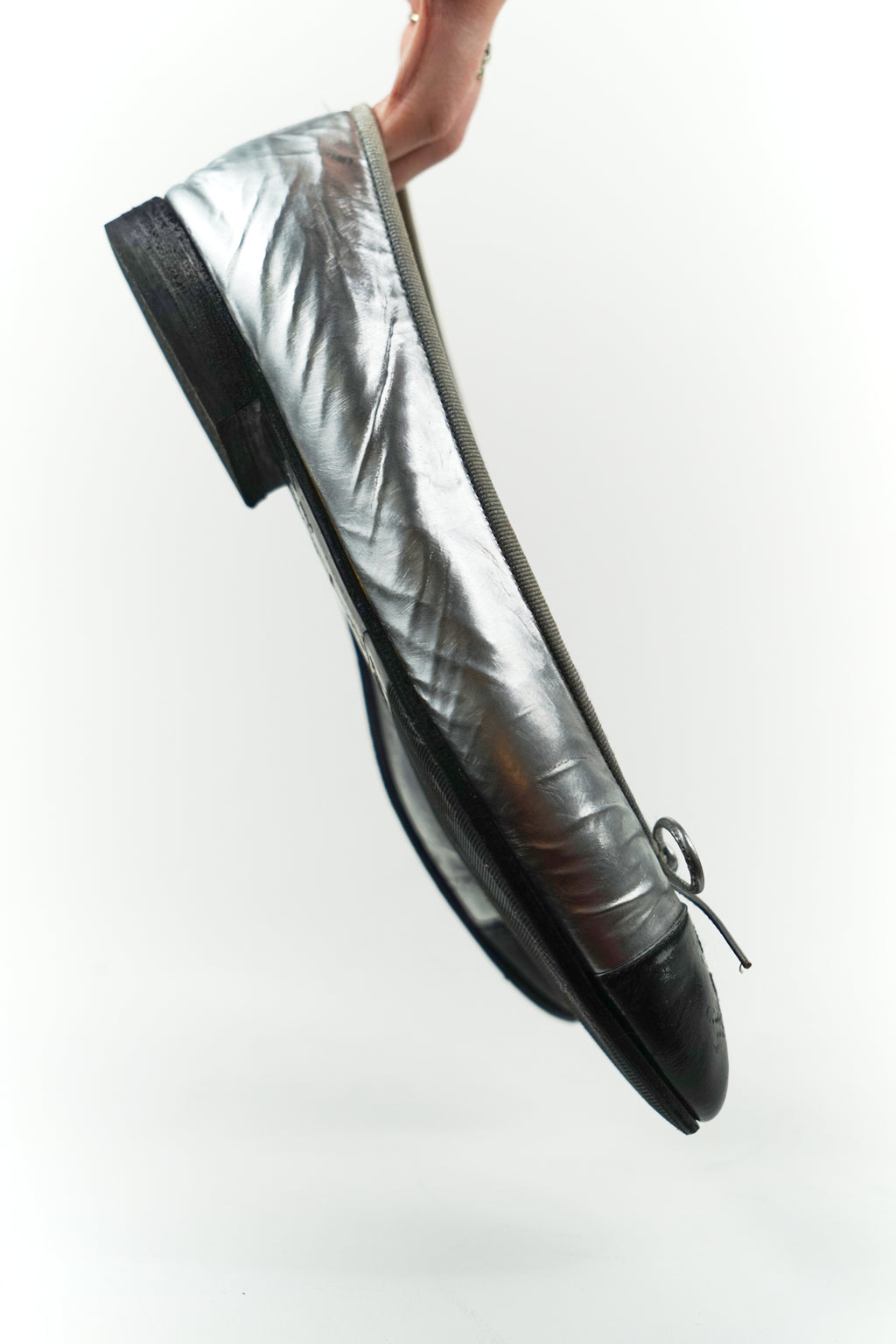 Chanel Silver and Black Leather Cap Toe Flats, FR 39.5