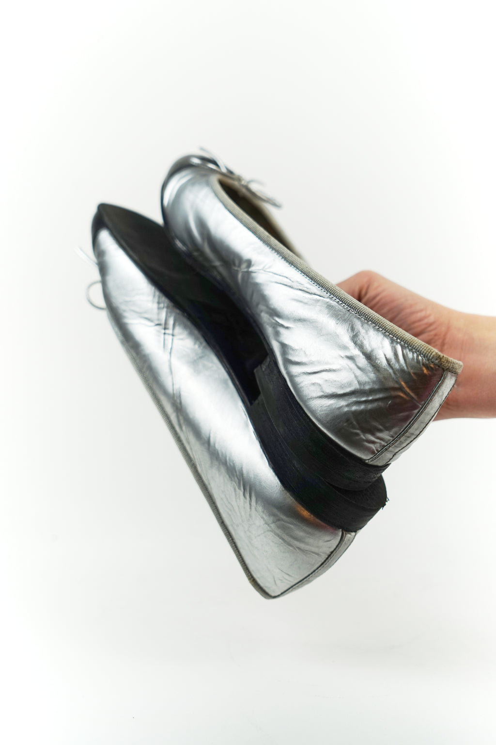 Chanel Silver and Black Leather Cap Toe Flats, FR 39.5