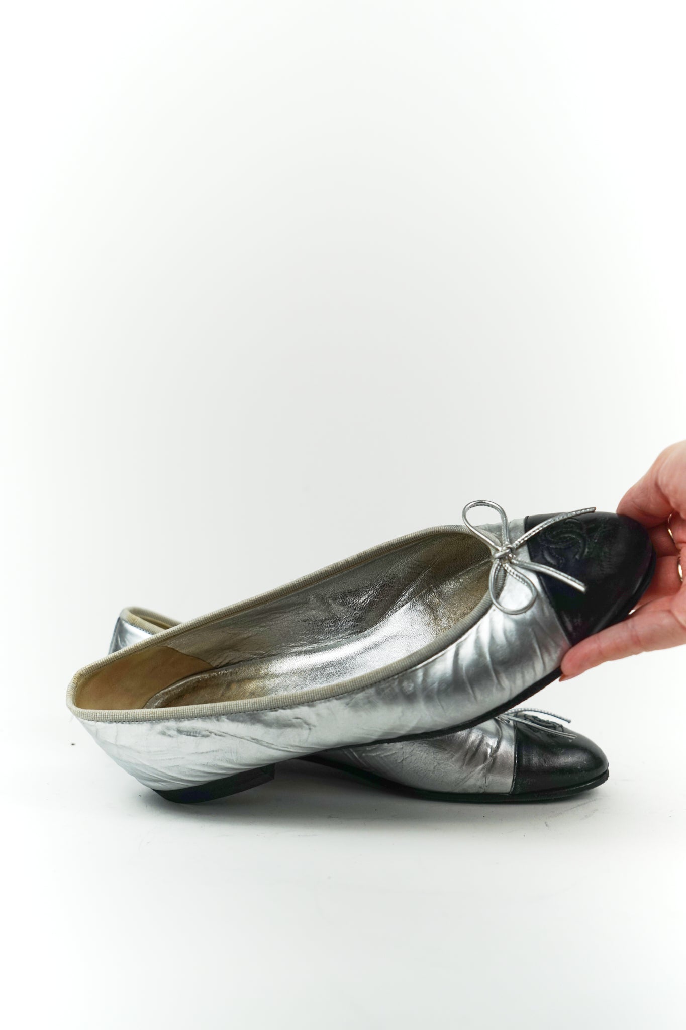 Chanel Silver and Black Leather Cap Toe Flats, FR 39.5