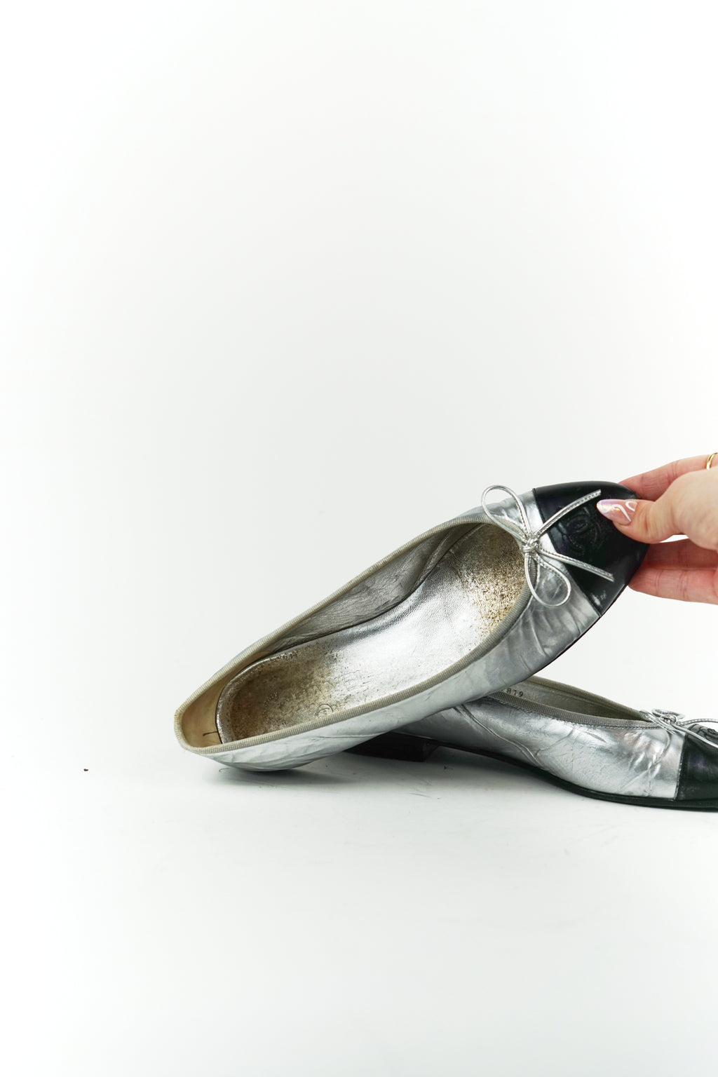 Chanel Silver and Black Leather Cap Toe Flats, FR 39.5