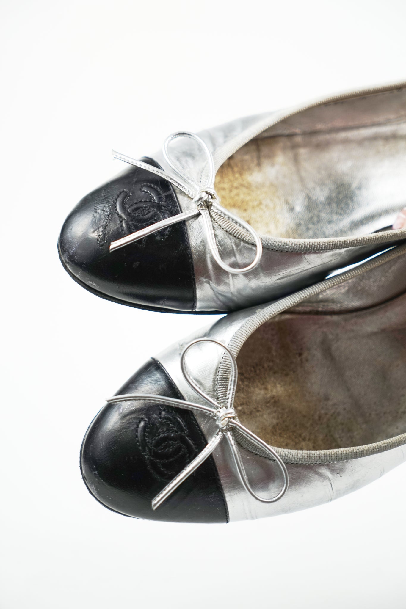 Chanel Silver and Black Leather Cap Toe Flats, FR 39.5