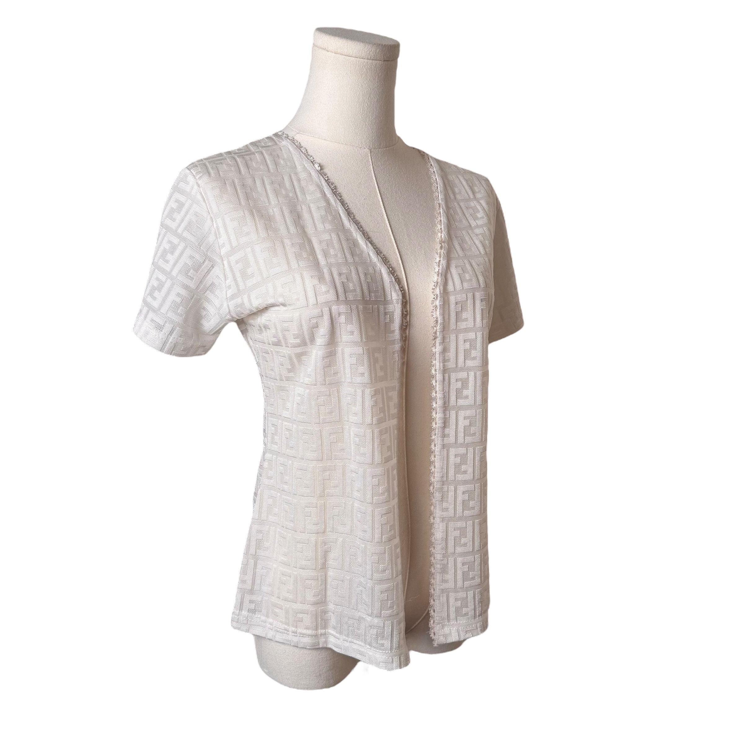 Fendi White Monogram Lace Trim Cardigan