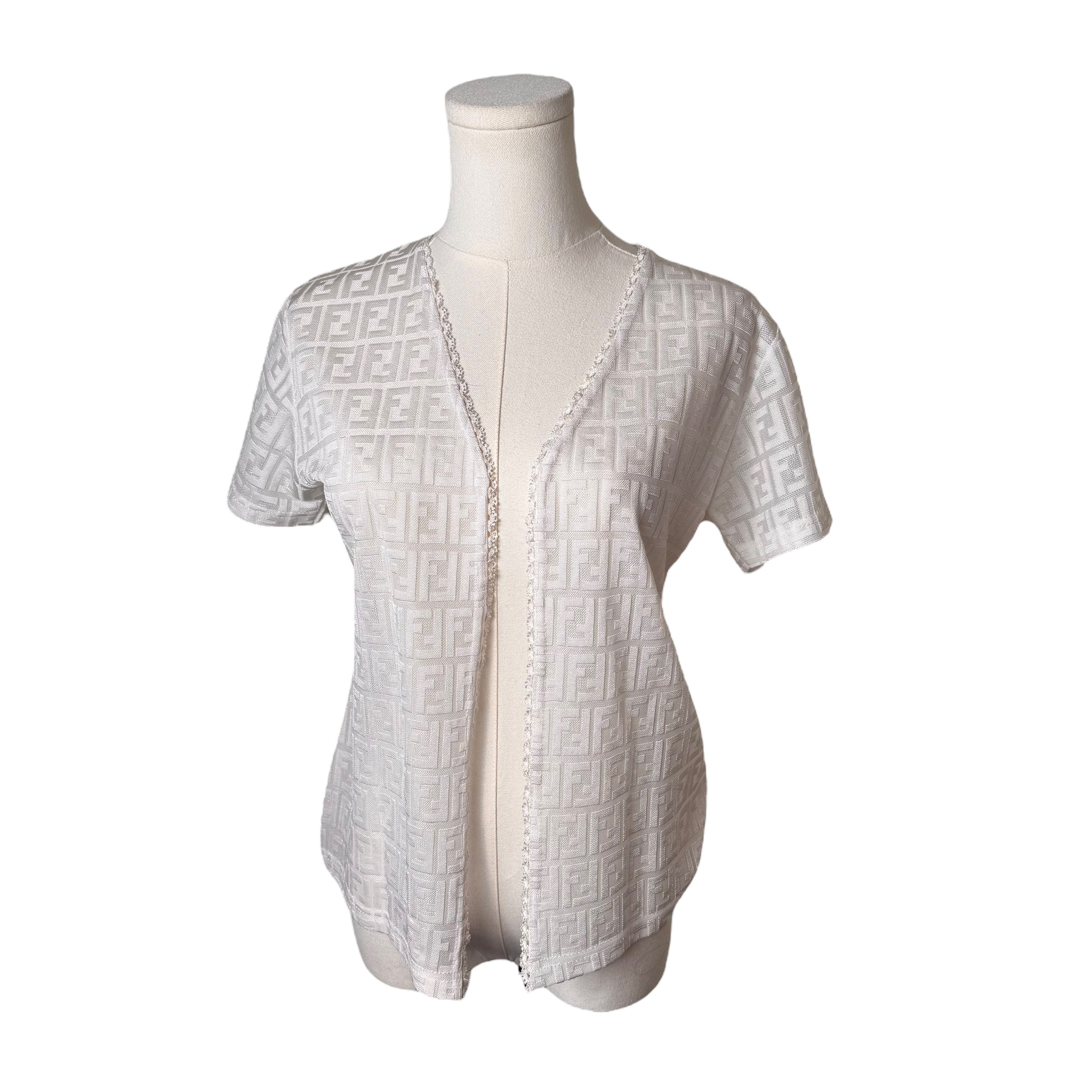 Fendi White Monogram Lace Trim Cardigan