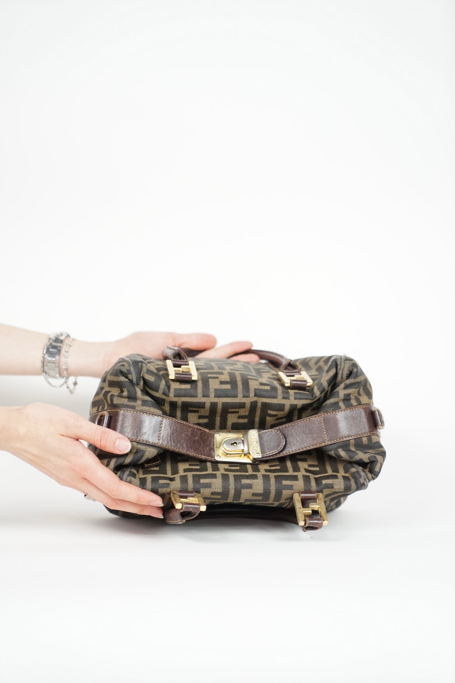 Fendi Brown Zucca Monogram Boston Bag