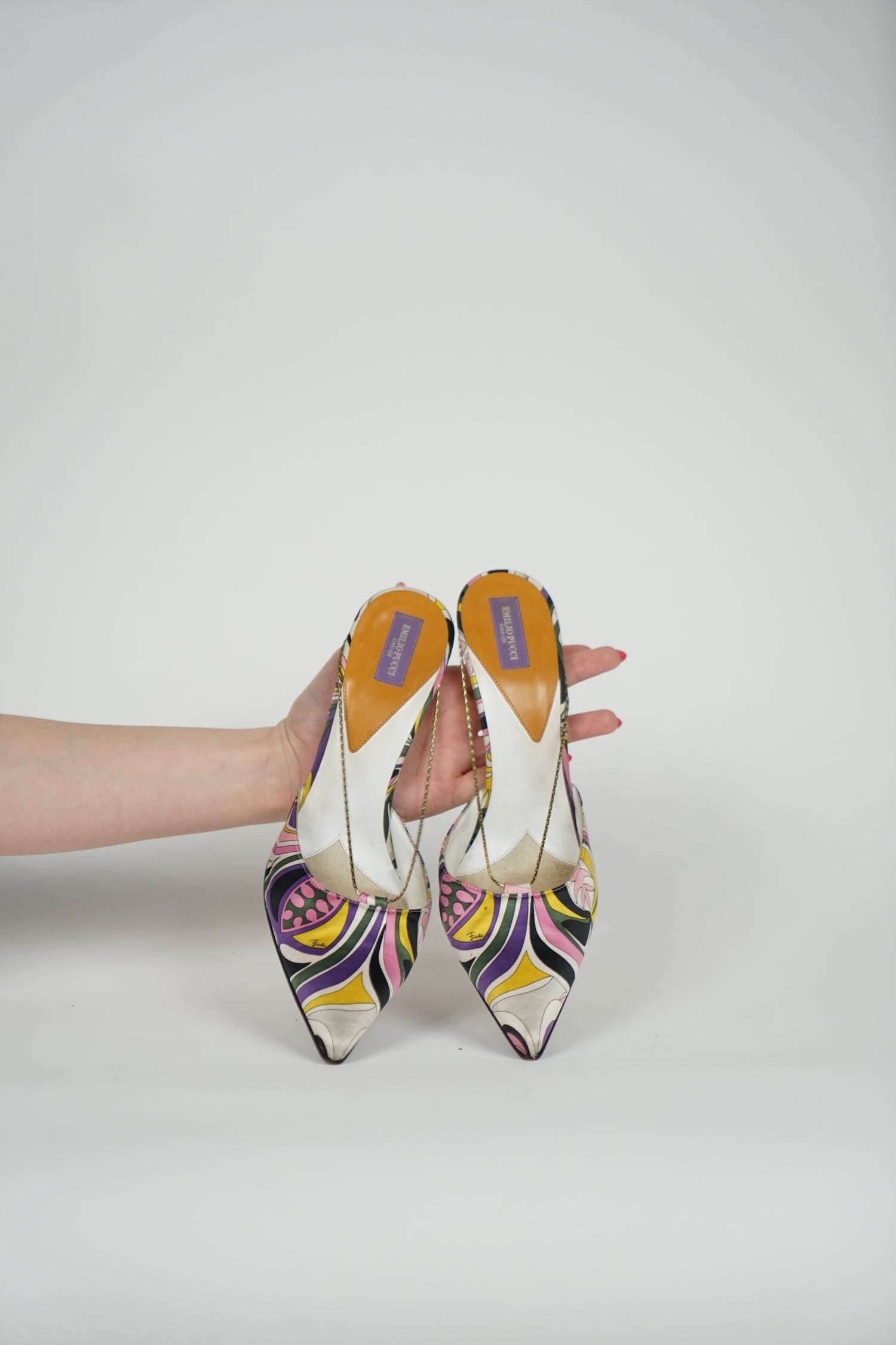 Emilio Pucci Multicolor Satin Mules with Chain Detail, 40 IT