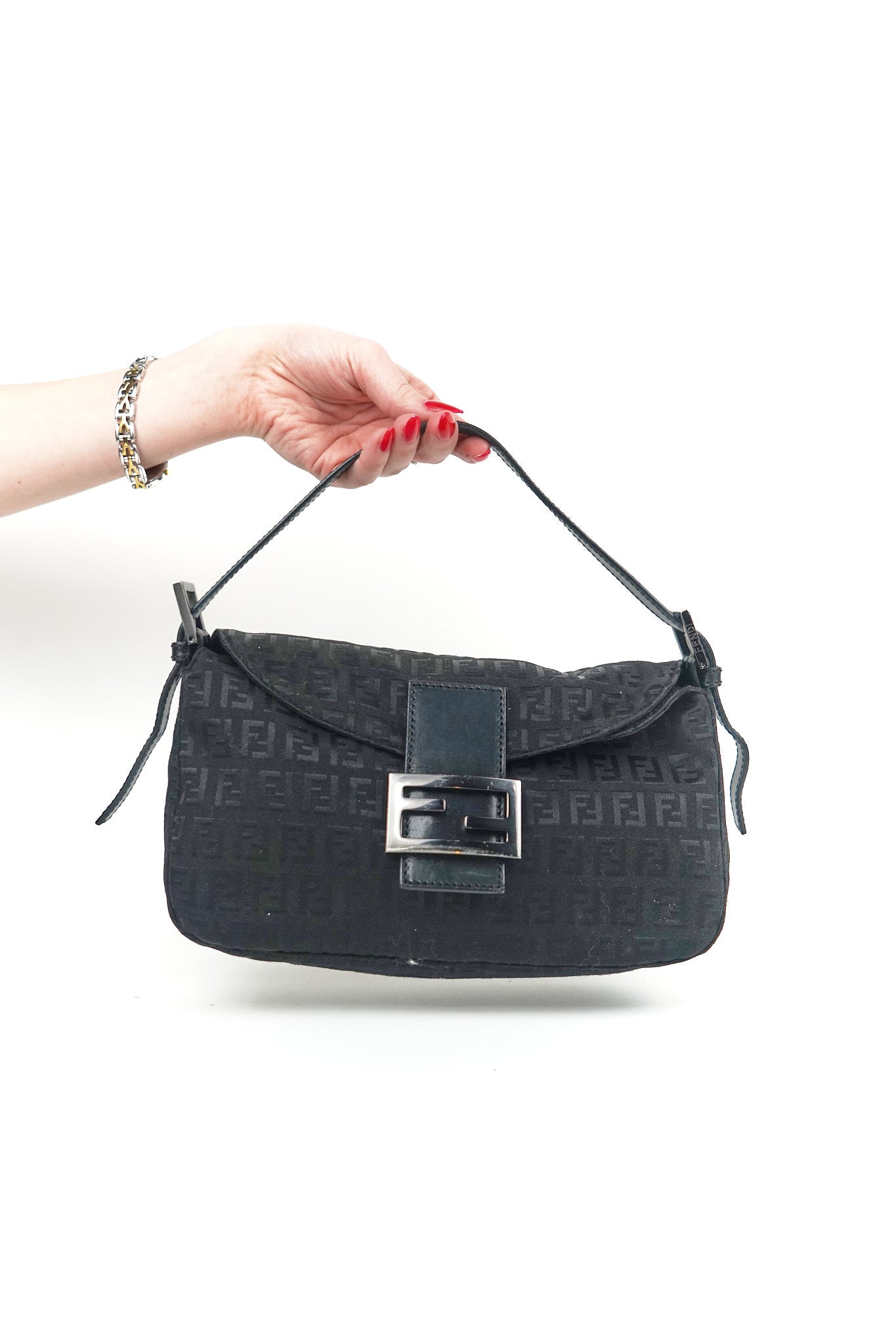 Fendi Black Zucchino Baguette Shoulder Bag