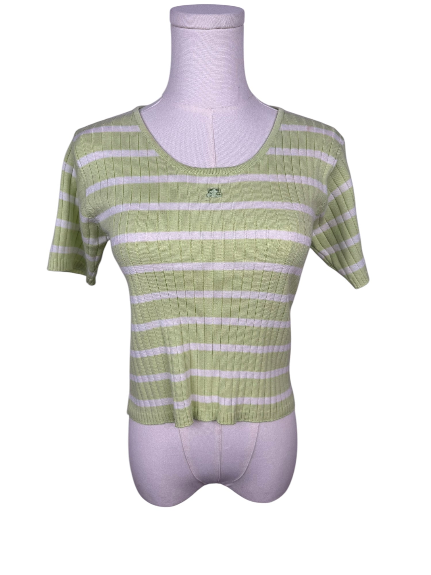 Courreges Green & White Striped Knit Tee