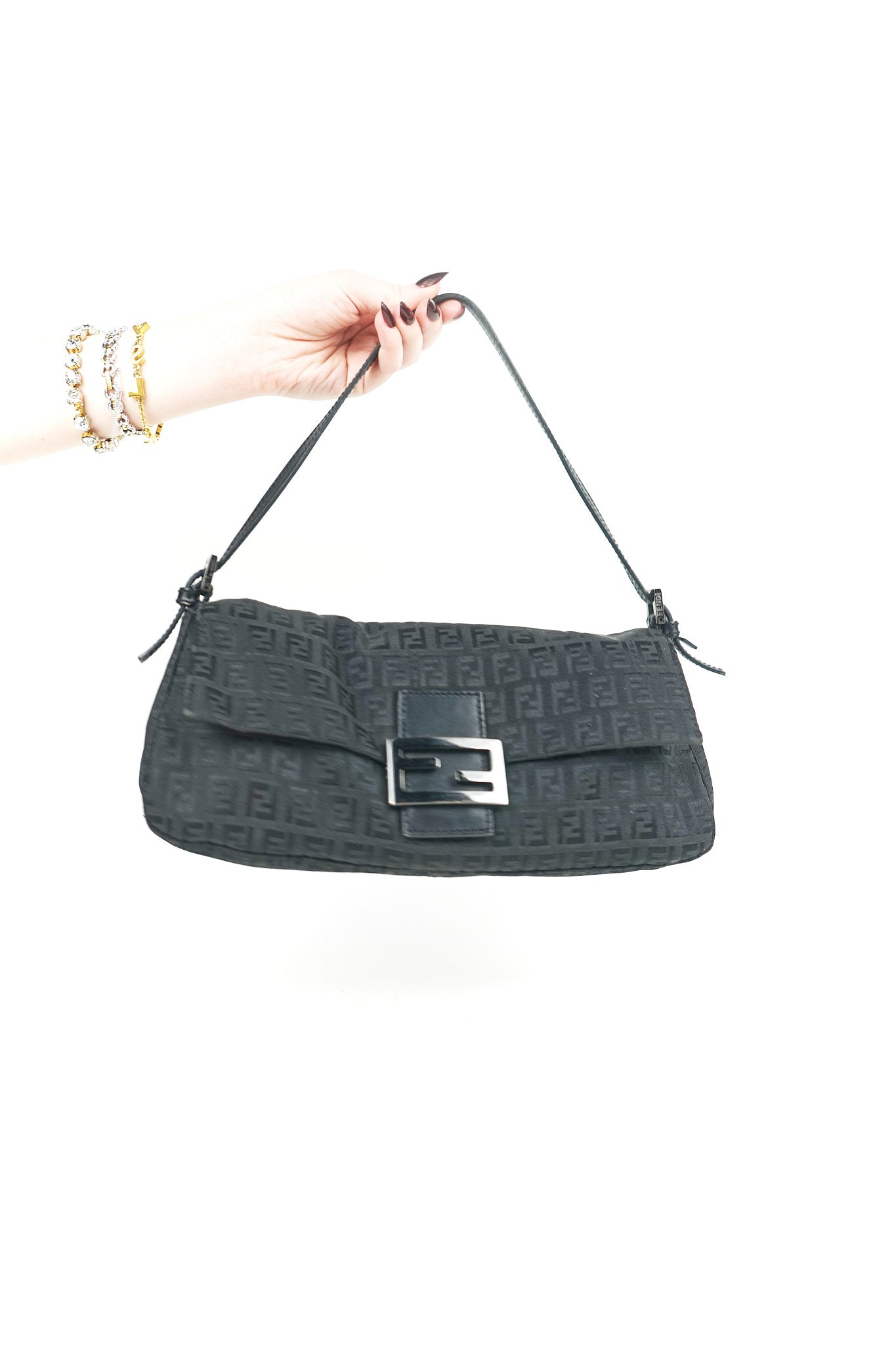 Fendi Black Zucchino Baguette Bag