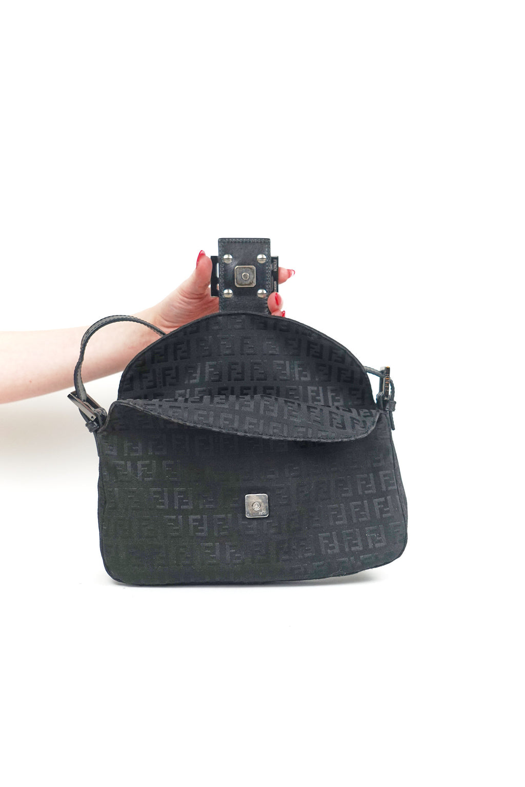 Fendi Black Zucchino Baguette Shoulder Bag