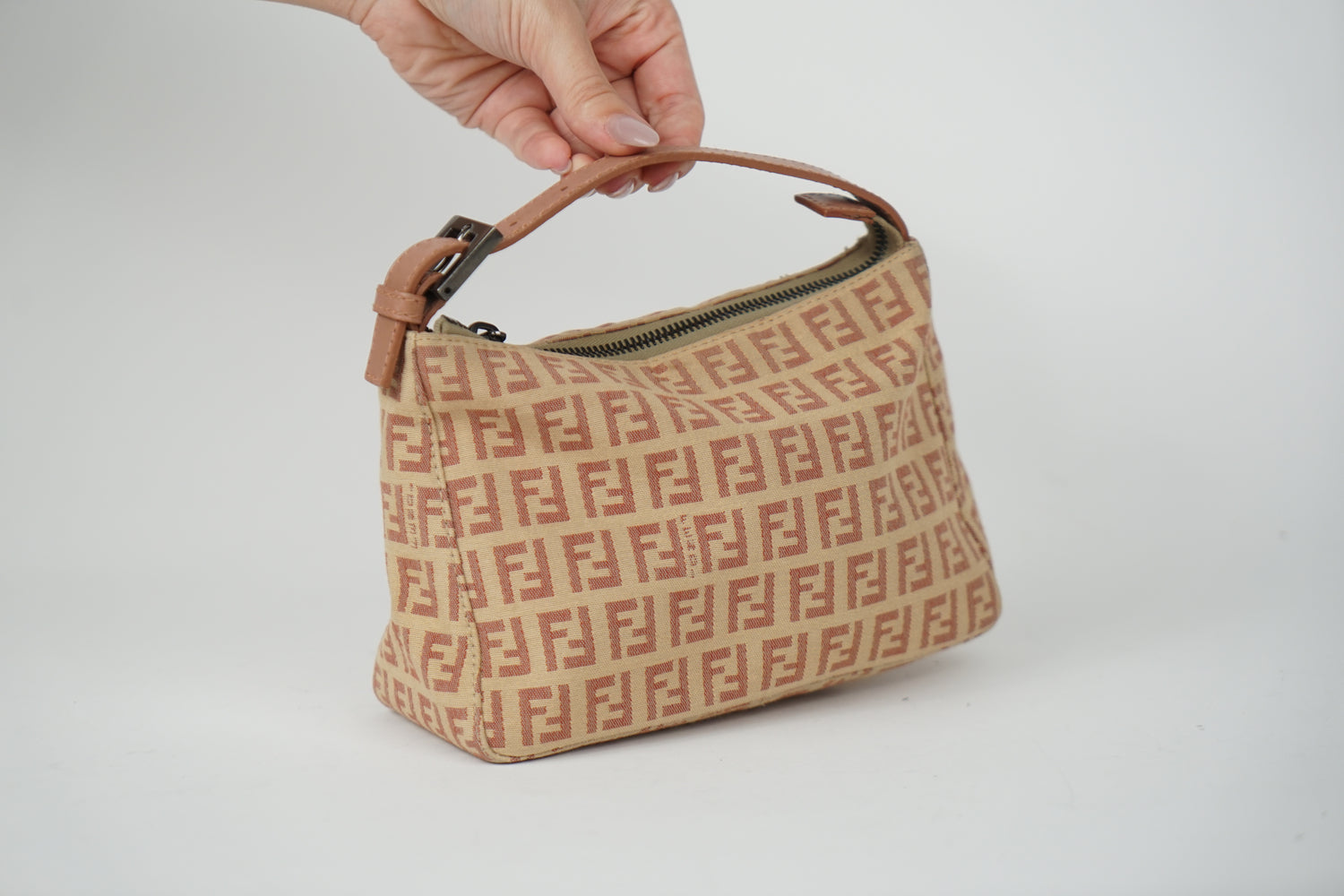 Vintage Fendi Tan and Pink Zucca Print Mini Pochette