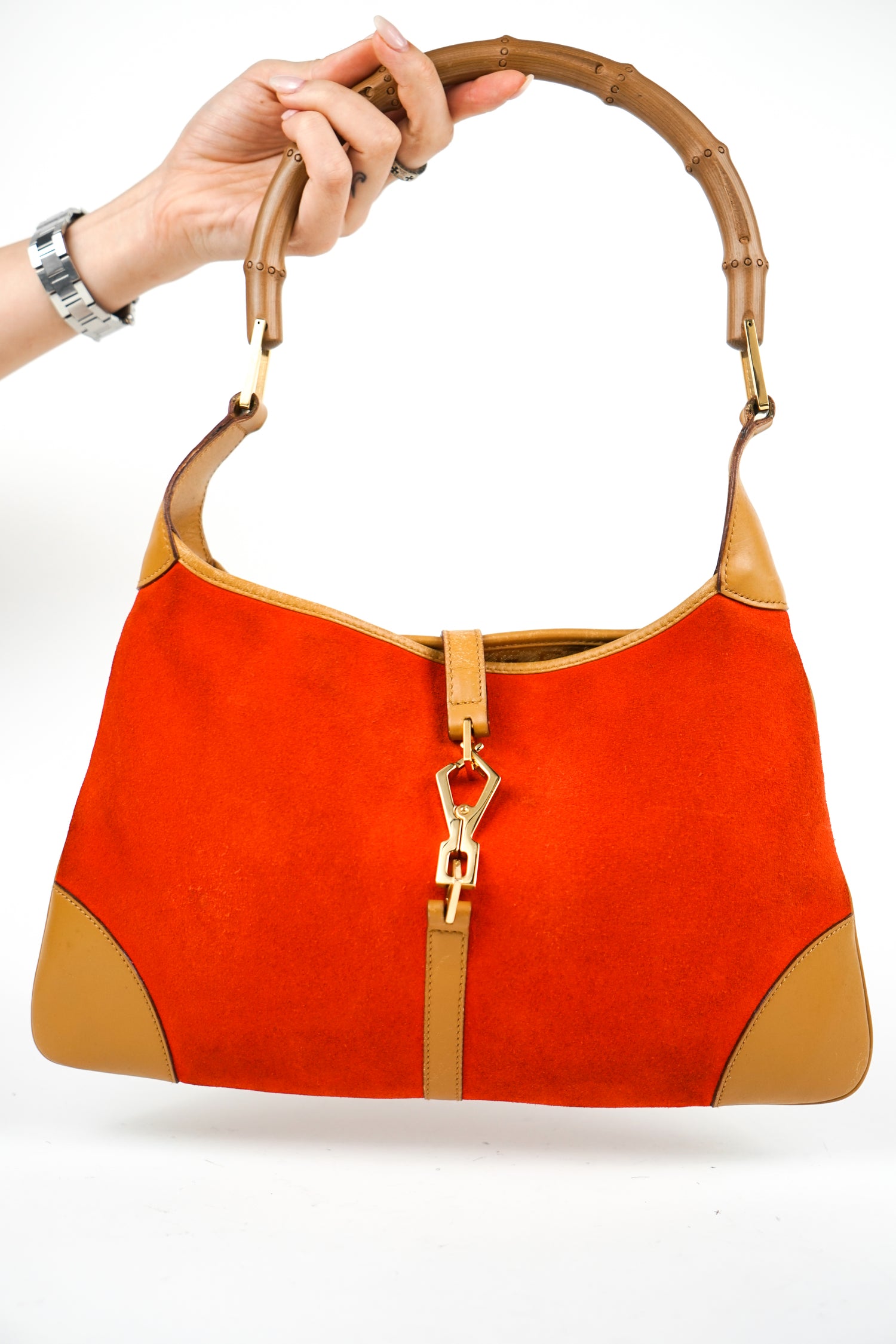 Gucci Orange Suede Jackie Bamboo Handle Bag