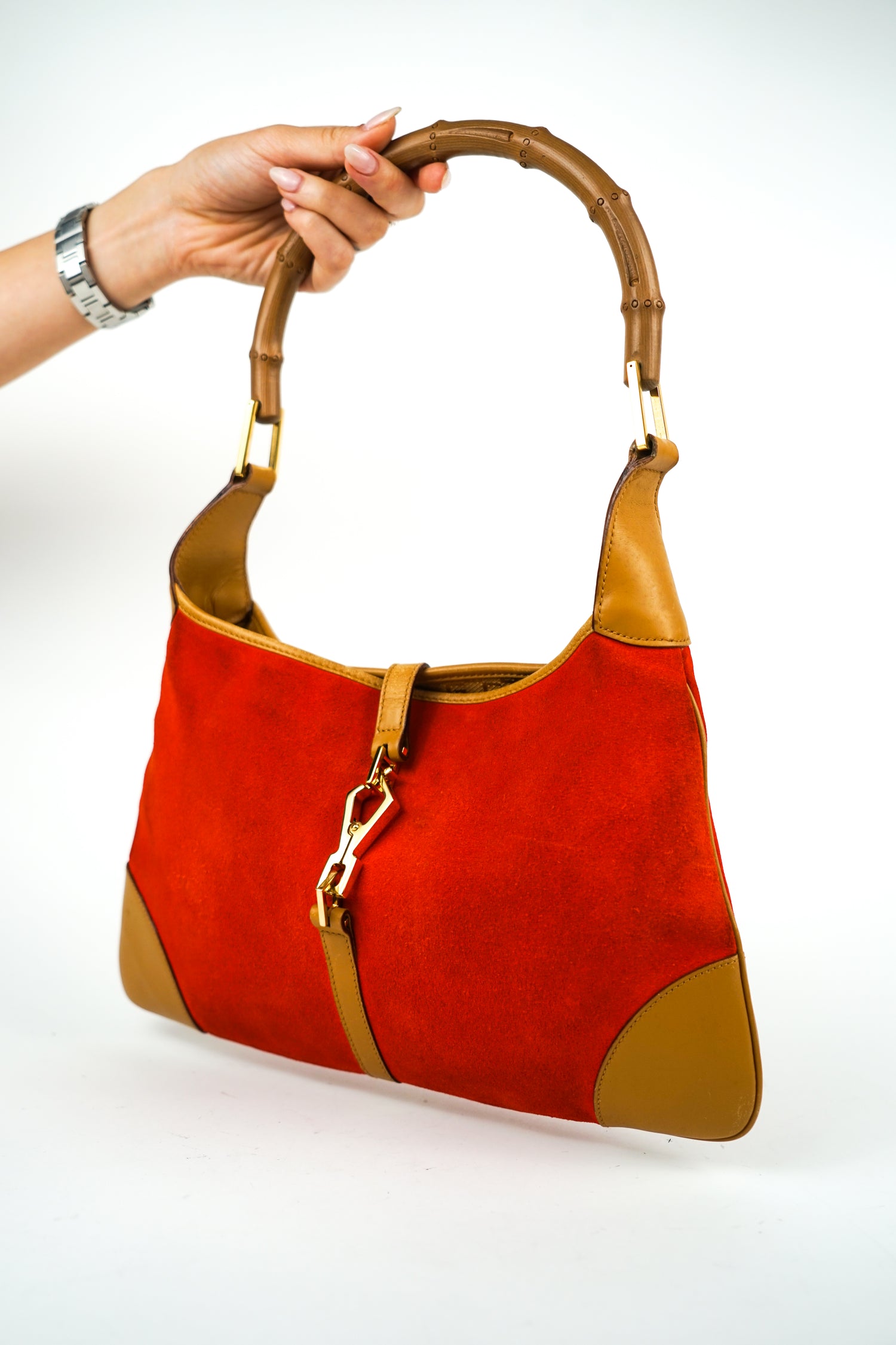 Gucci Orange Suede Jackie Bamboo Handle Bag