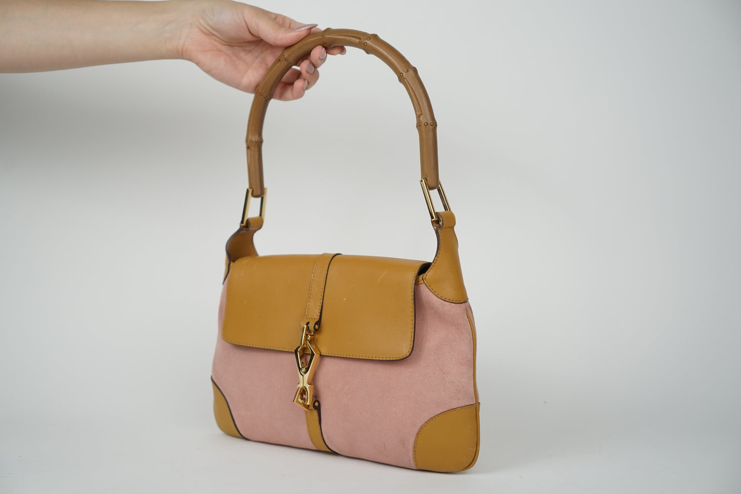 Vintage Gucci Tan Satin Bamboo Top Handle Two Way Mini Bag