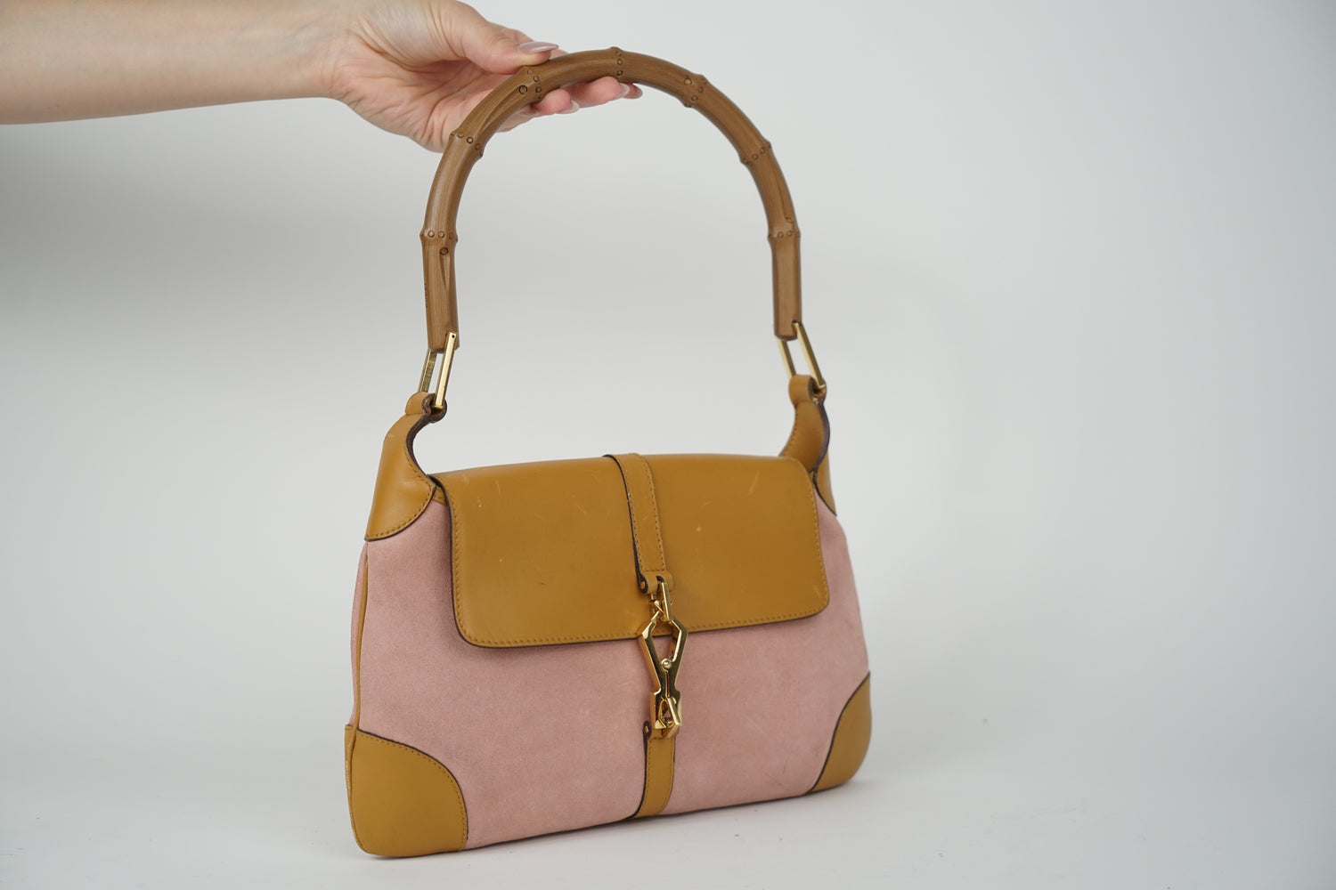 Vintage Gucci Tan Satin Bamboo Top Handle Two Way Mini Bag