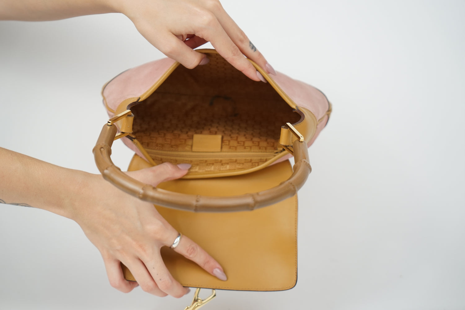 Vintage Gucci Tan Satin Bamboo Top Handle Two Way Mini Bag