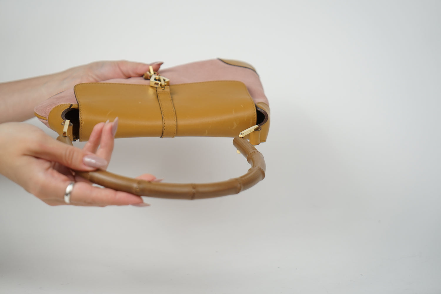 Vintage Gucci Tan Satin Bamboo Top Handle Two Way Mini Bag