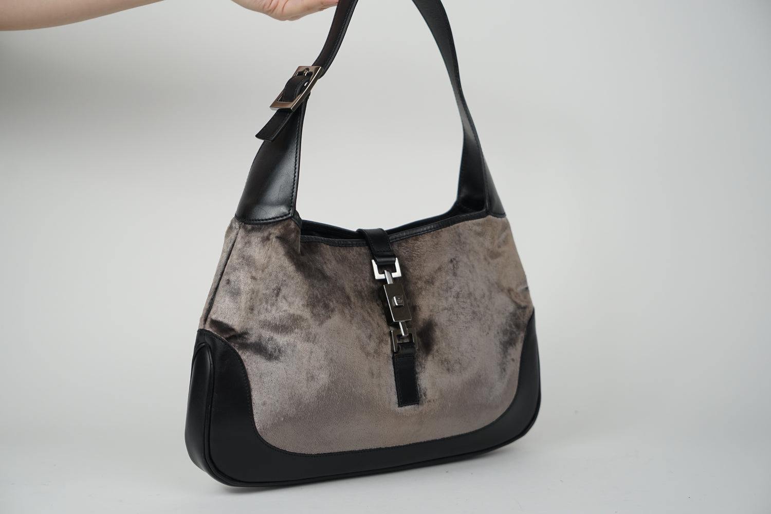 Vintage Gucci Gray Velvet and Black Leather Jackie Bag