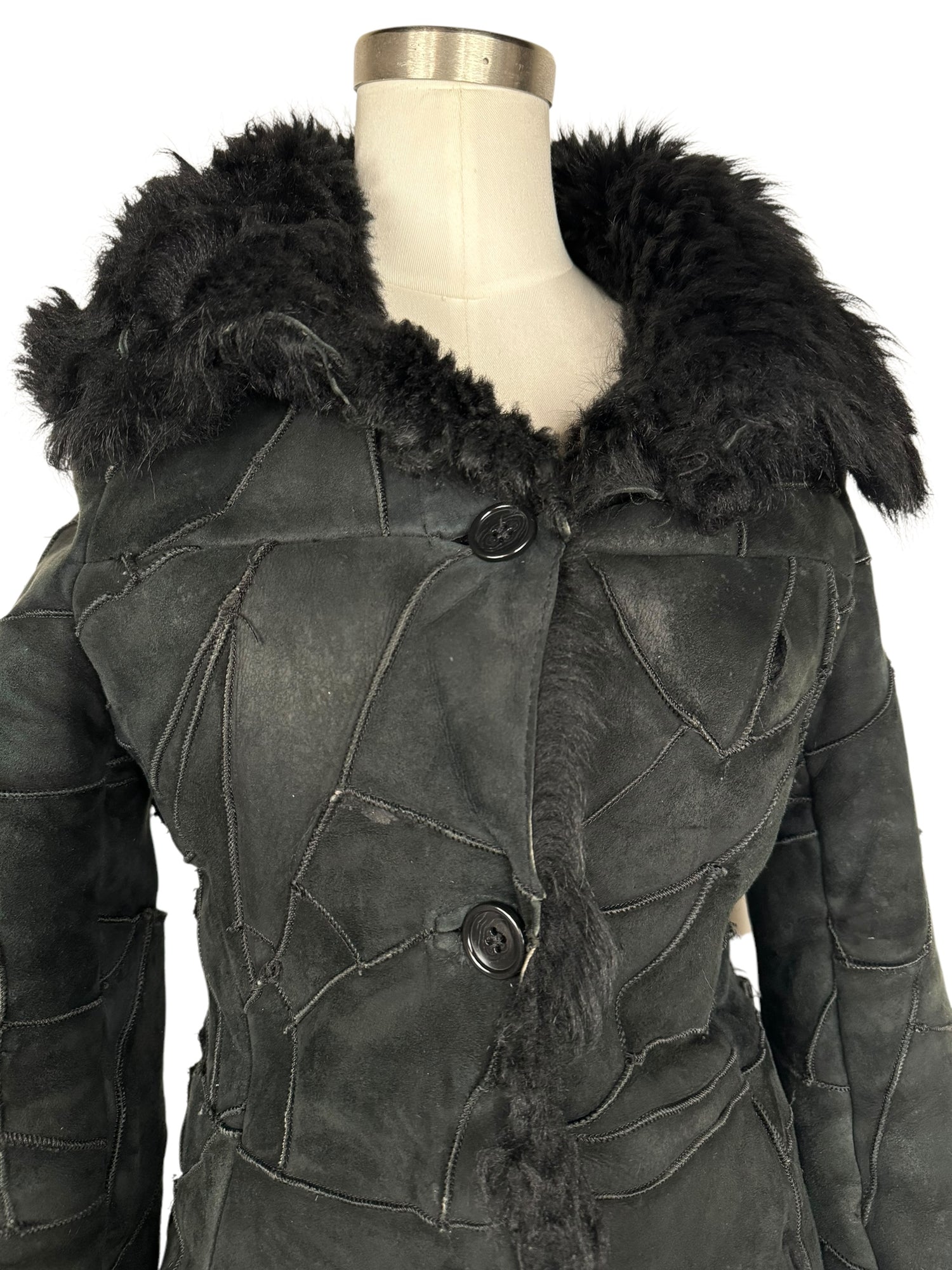 Black Suede Patchwork Fur Coat