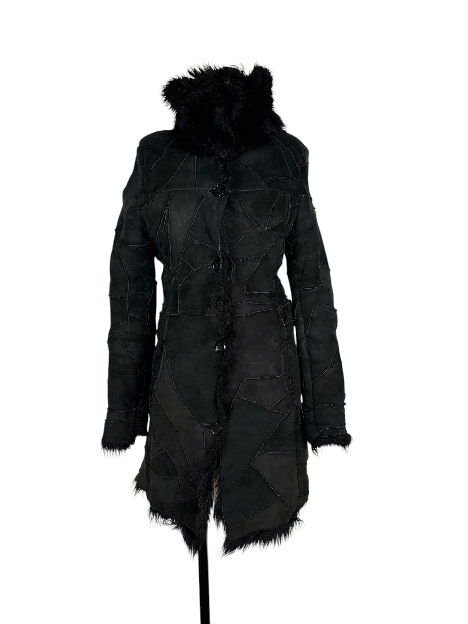 Black Suede Patchwork Fur Coat