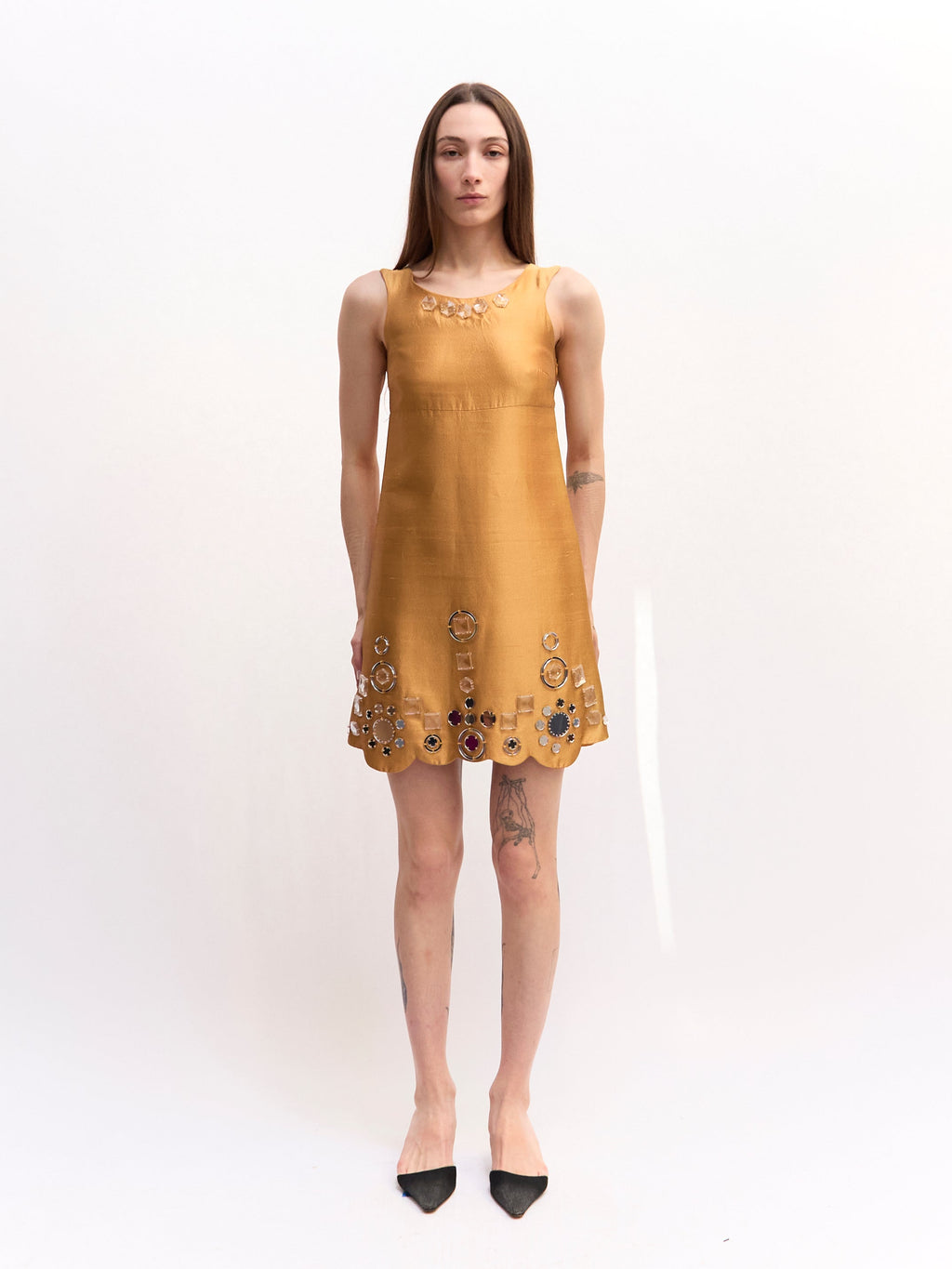 Miu Miu Gold Silk Rhinestone Mini Dress