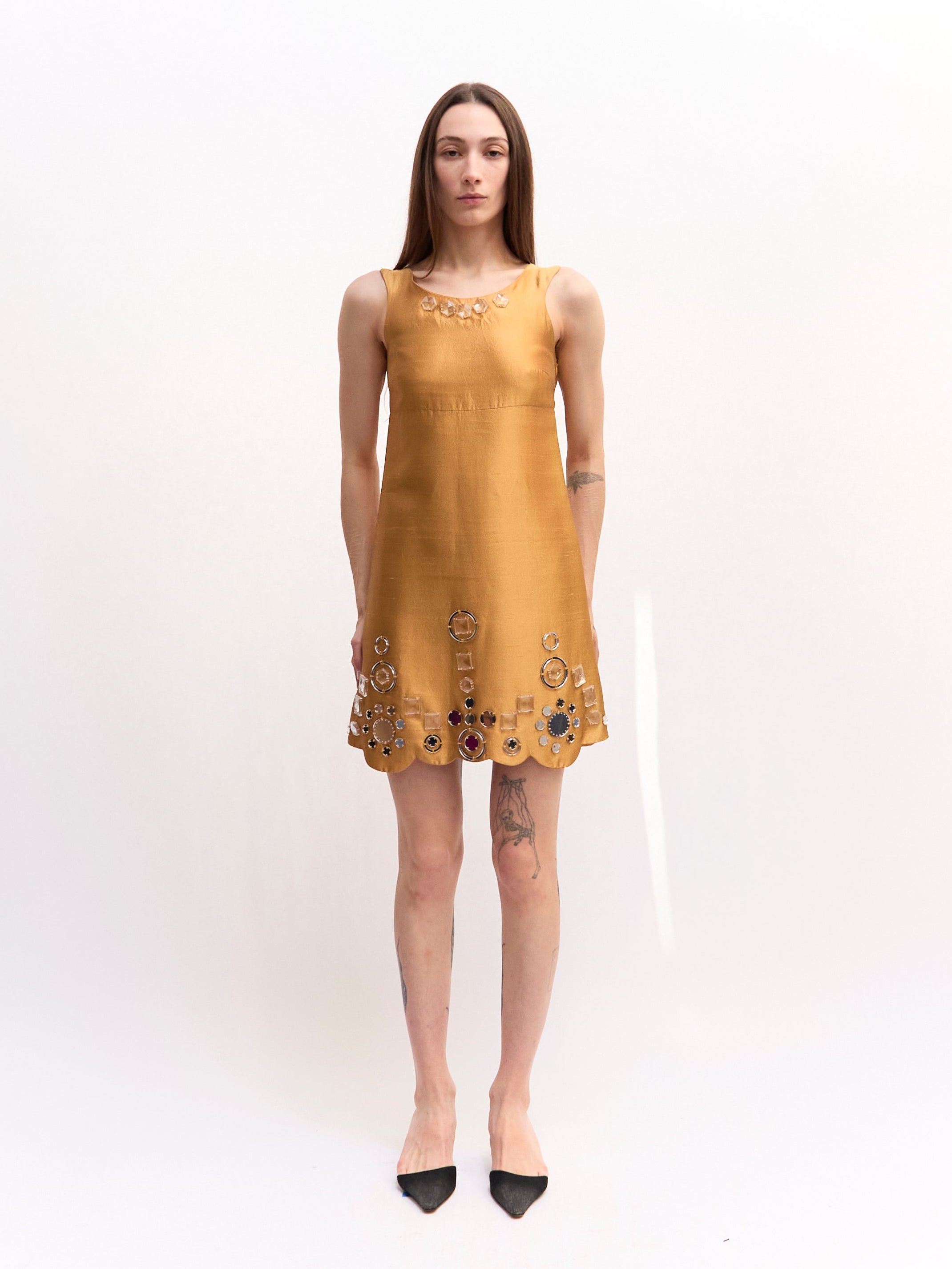 Miu Miu Gold Silk Rhinestone Mini Dress