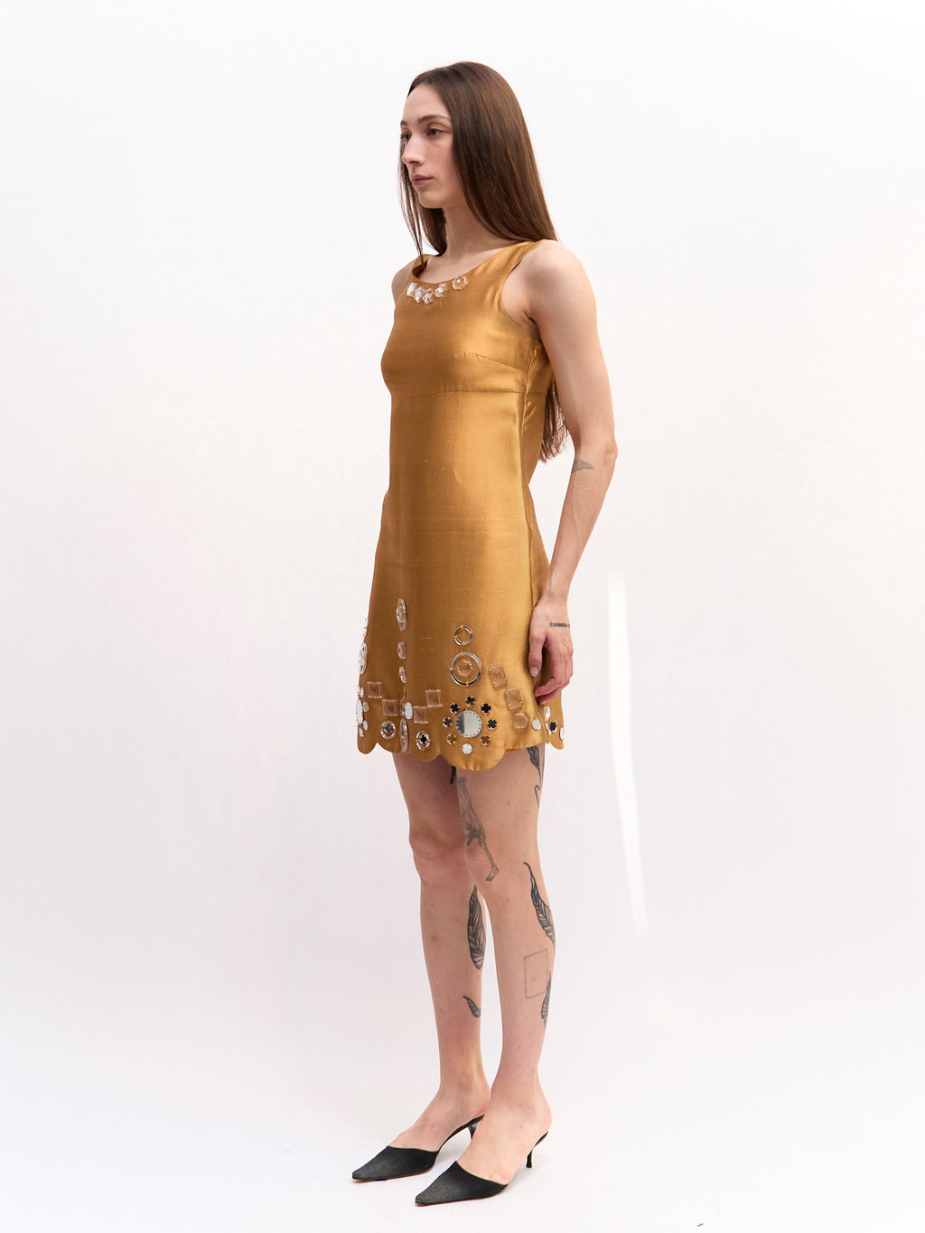 Miu Miu Gold Silk Rhinestone Mini Dress