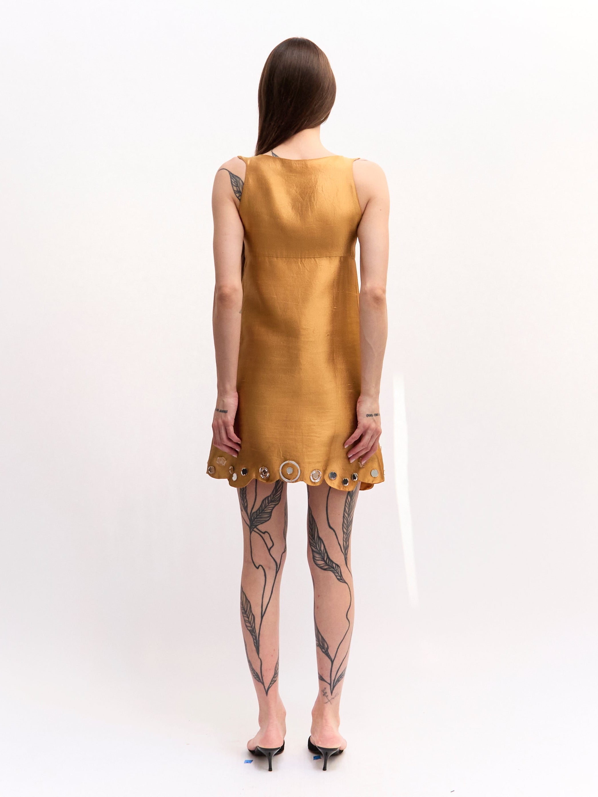 Miu Miu Gold Silk Rhinestone Mini Dress