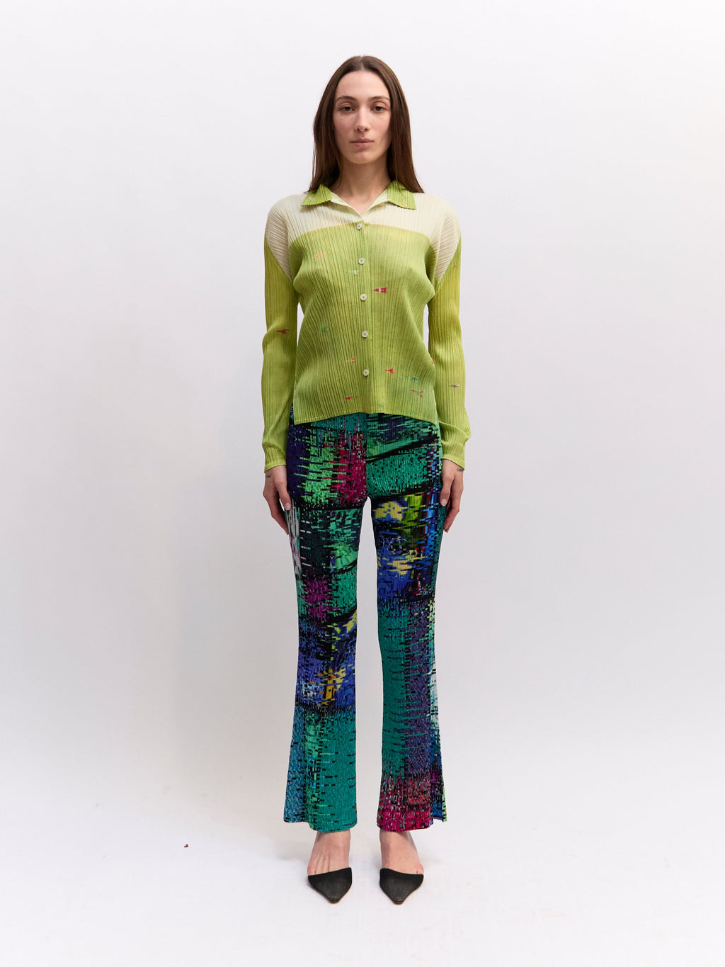 Pleats Please Green Print Button Up