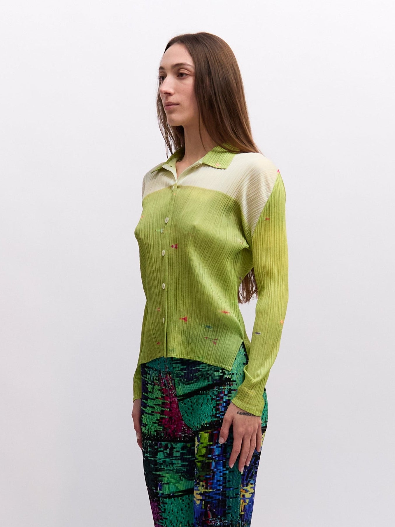 Pleats Please Green Print Button Up