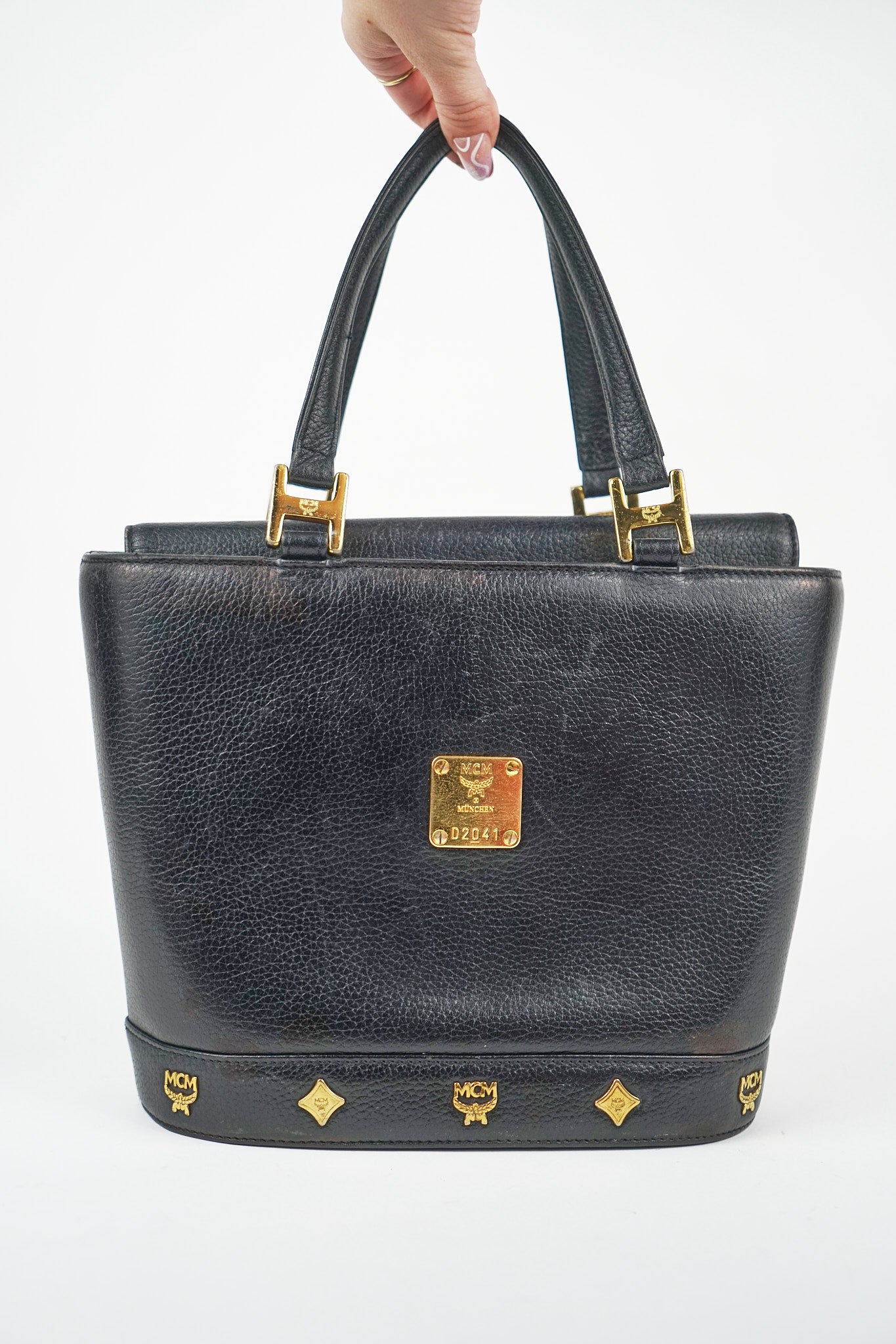 MCM Black Leather Tote with Gold Hardware