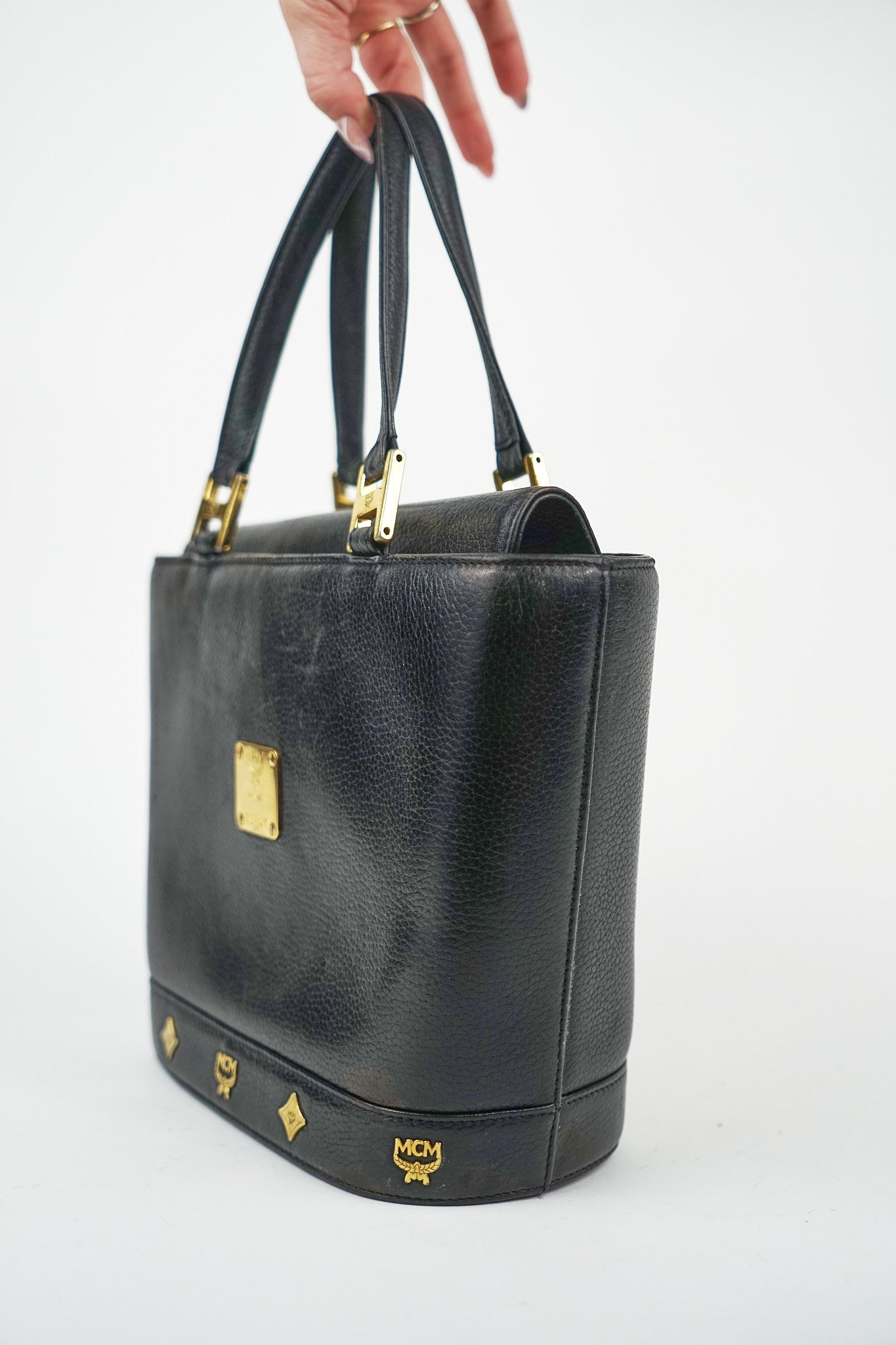 MCM Black Leather Tote with Gold Hardware