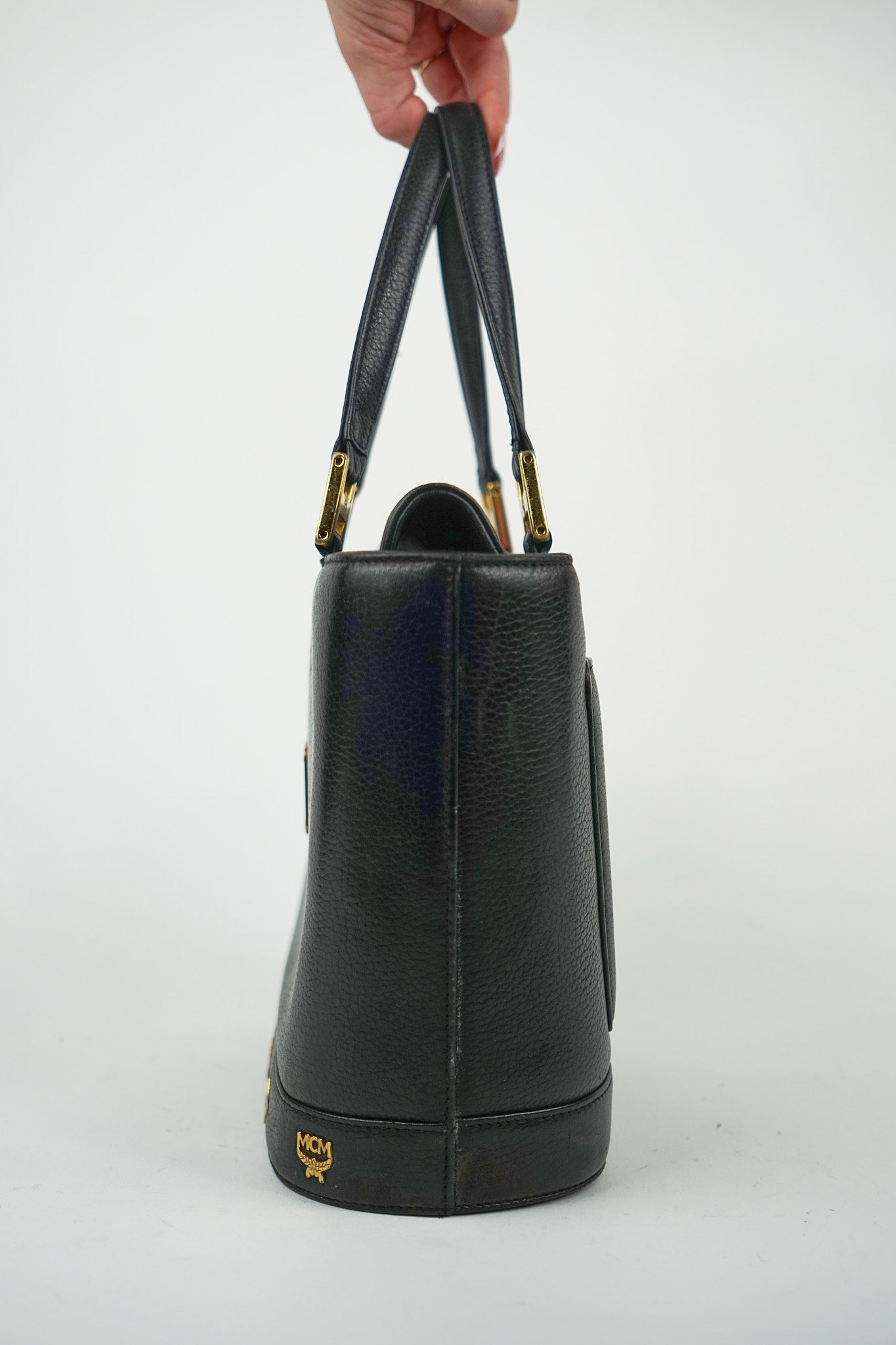 MCM Black Leather Tote with Gold Hardware