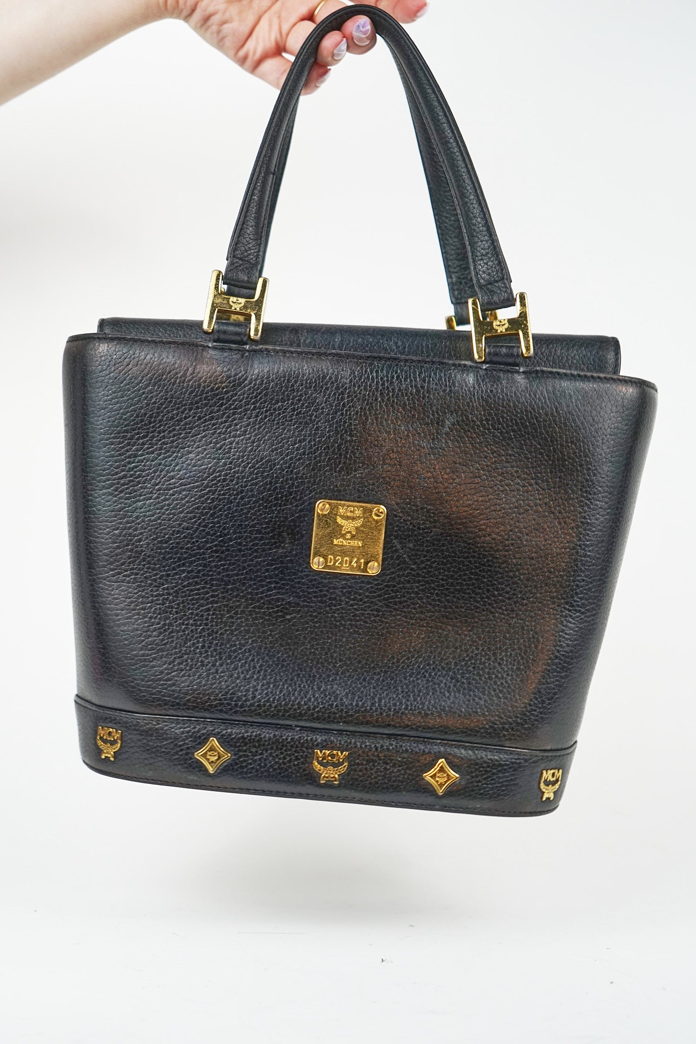 MCM Black Leather Tote with Gold Hardware