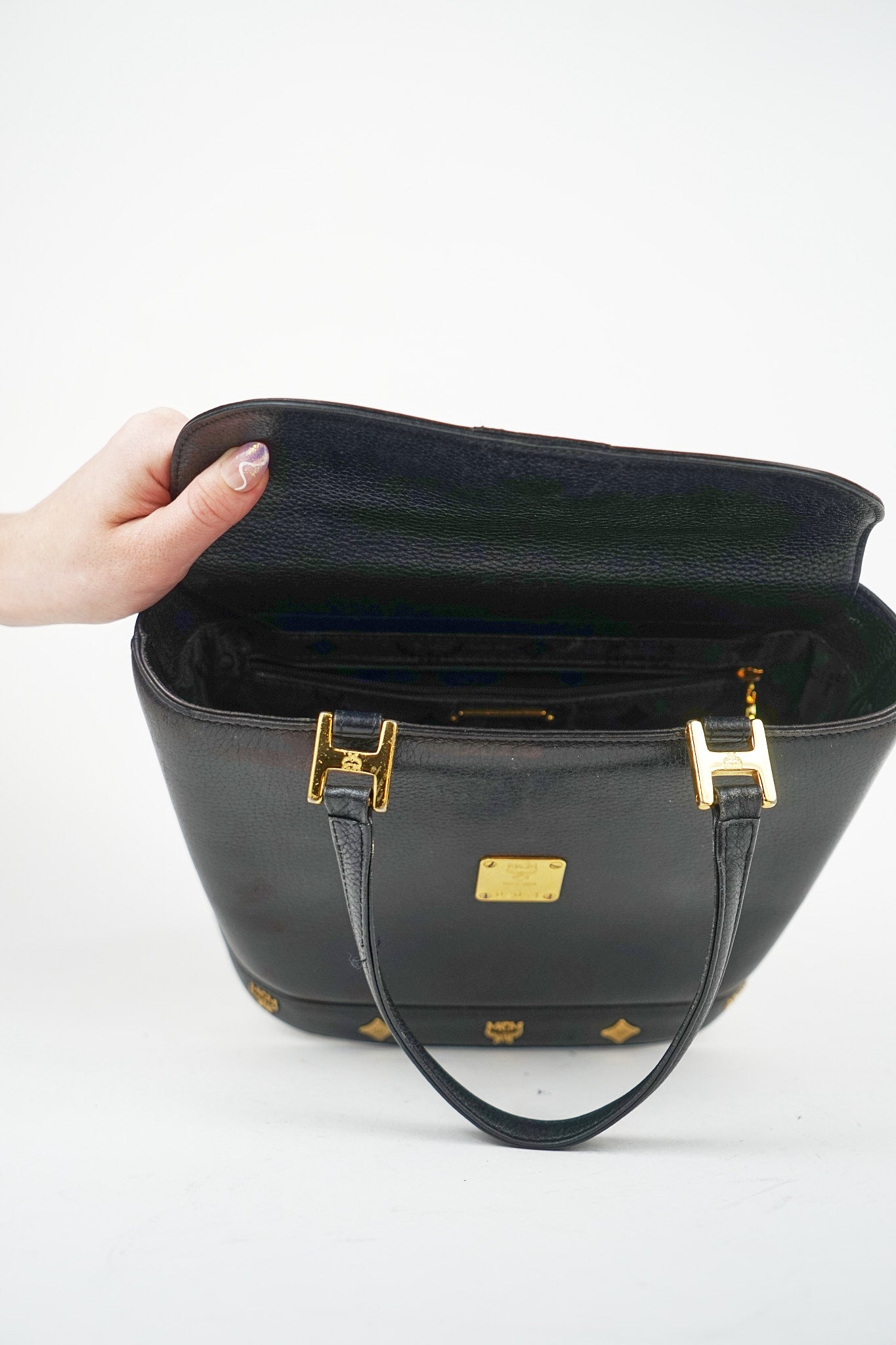 MCM Black Leather Tote with Gold Hardware