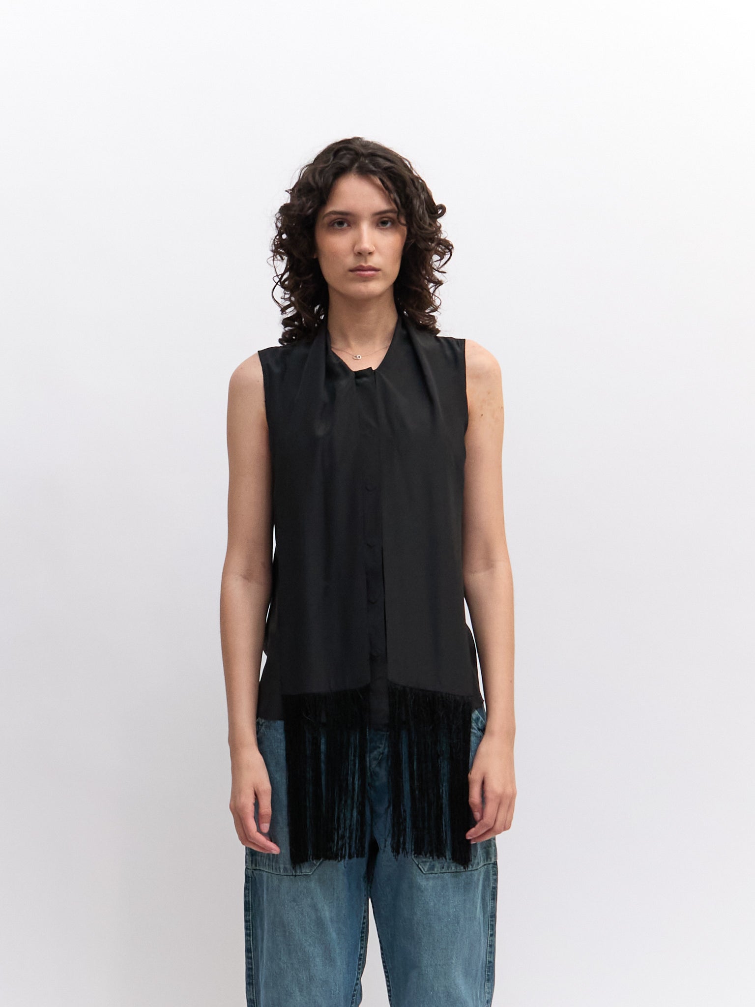 Prada Black Silk Fringe Scarf Button Down