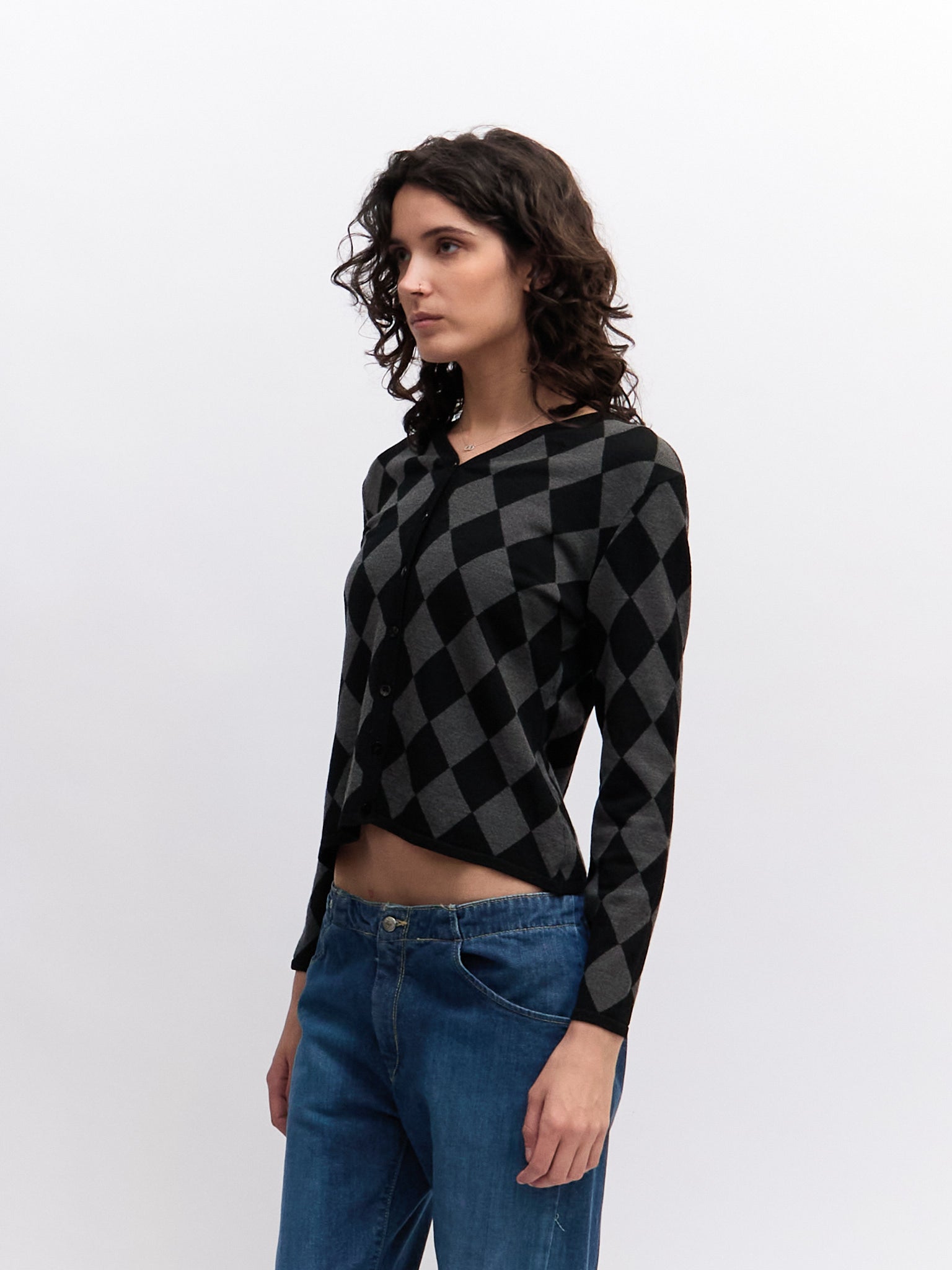 Yves Saint Laurent Black Check Pattern Long Sleeve Cardigan