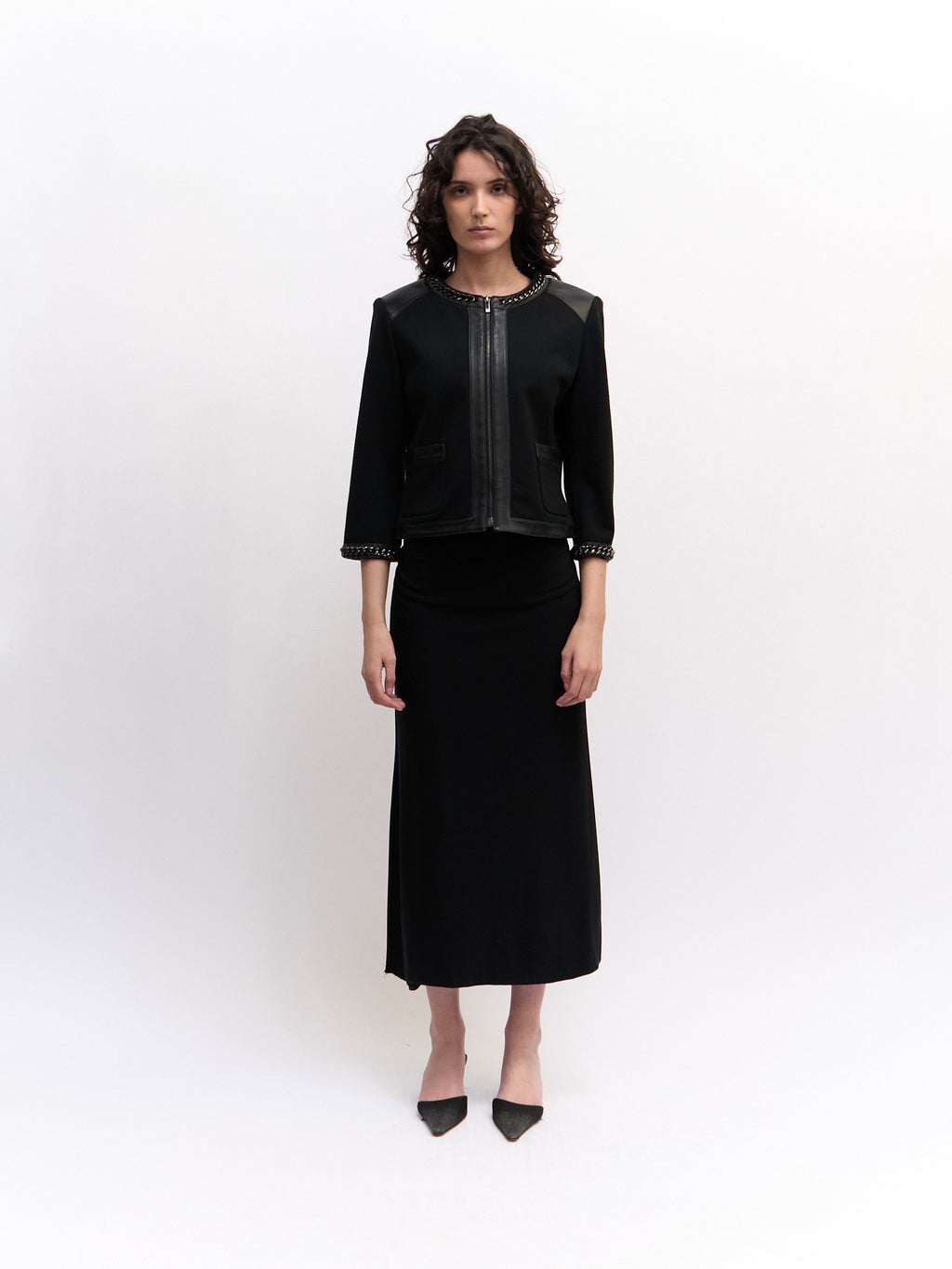 St. John Black Leather Knit Combo Jacket