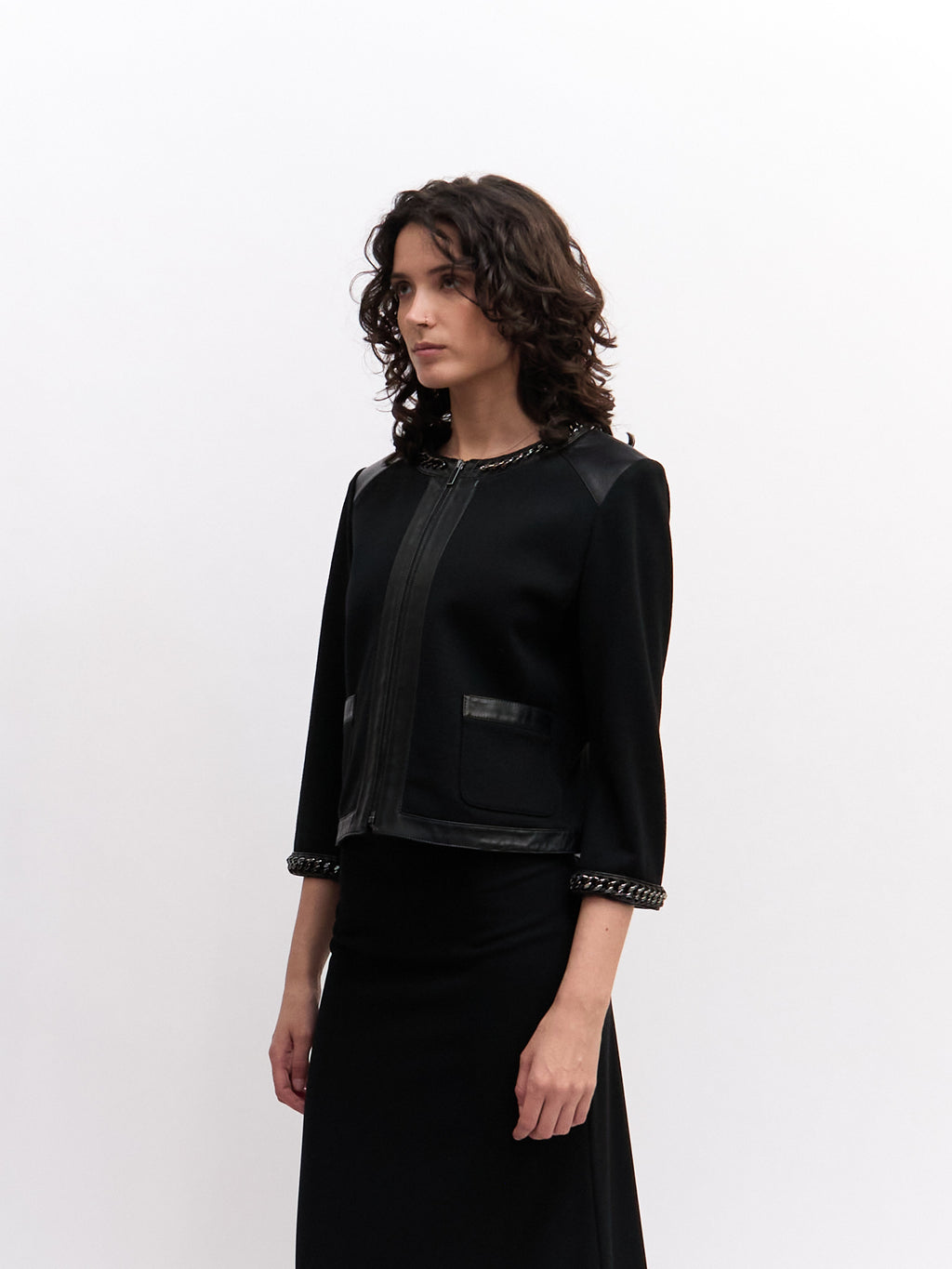 St. John Black Leather Knit Combo Jacket