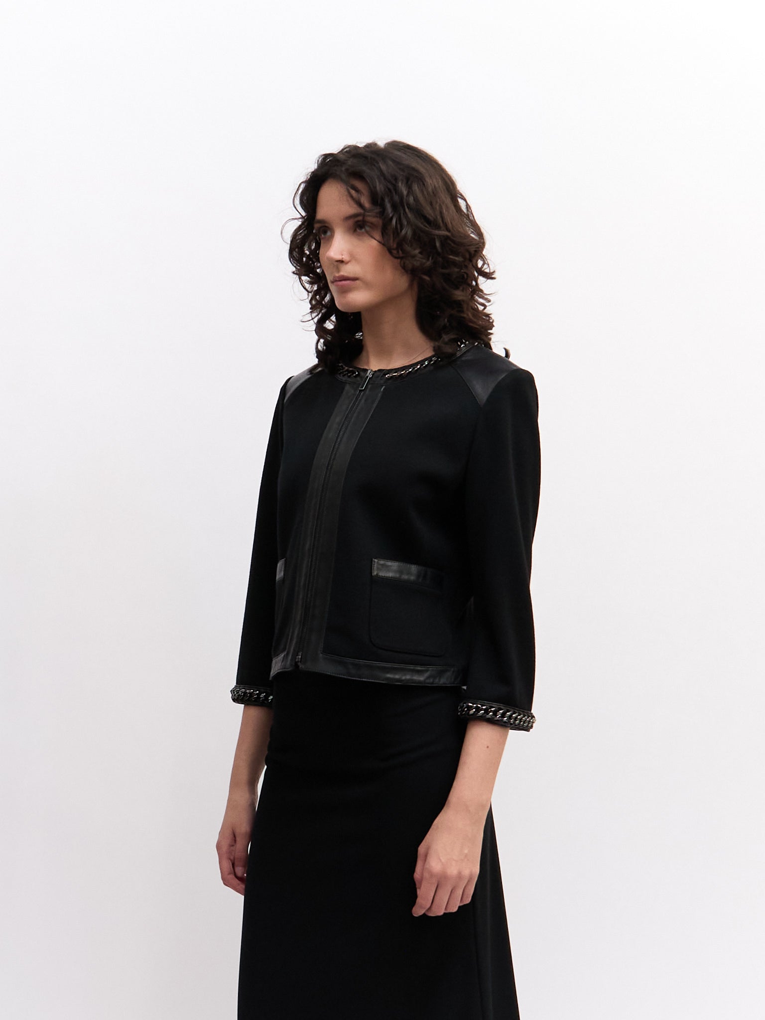 St. John Black Leather Knit Combo Jacket