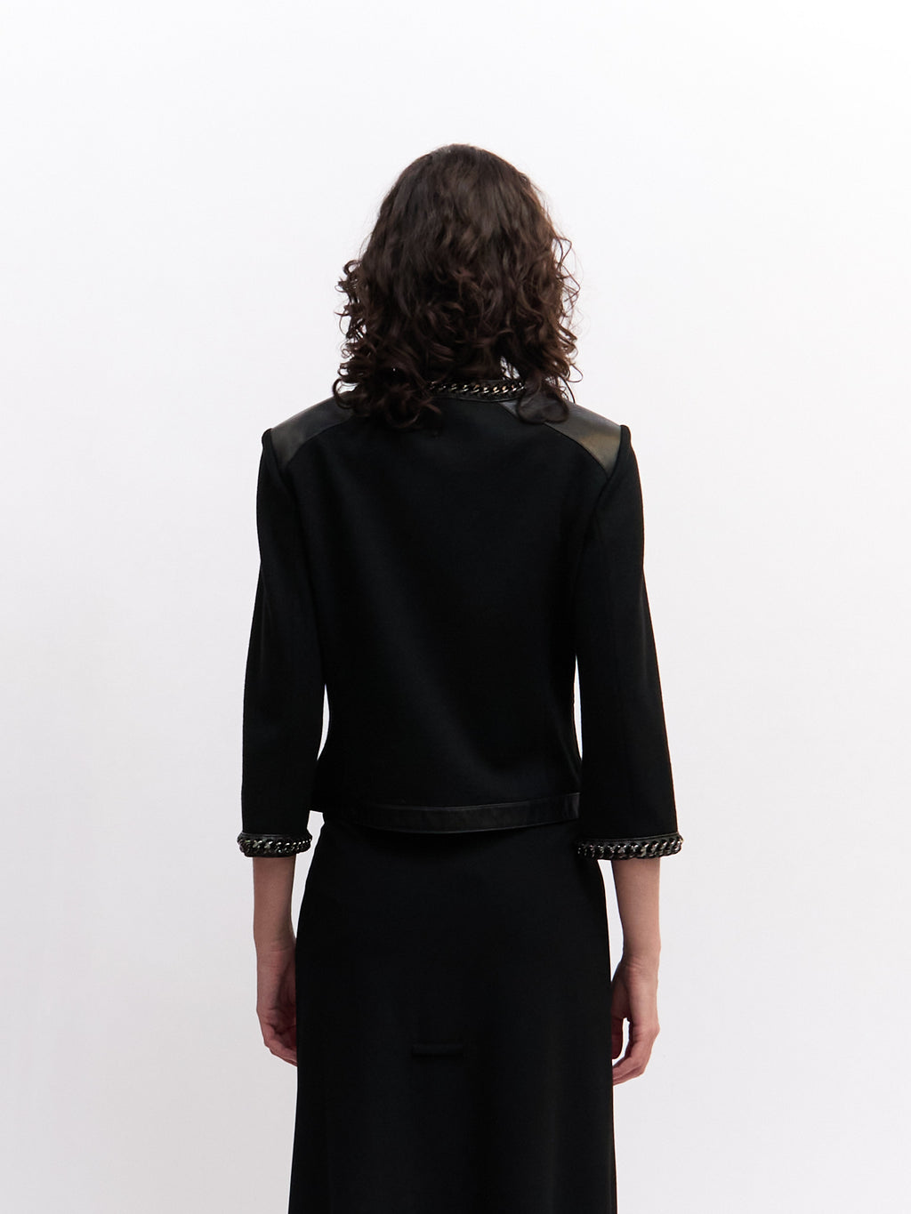 St. John Black Leather Knit Combo Jacket
