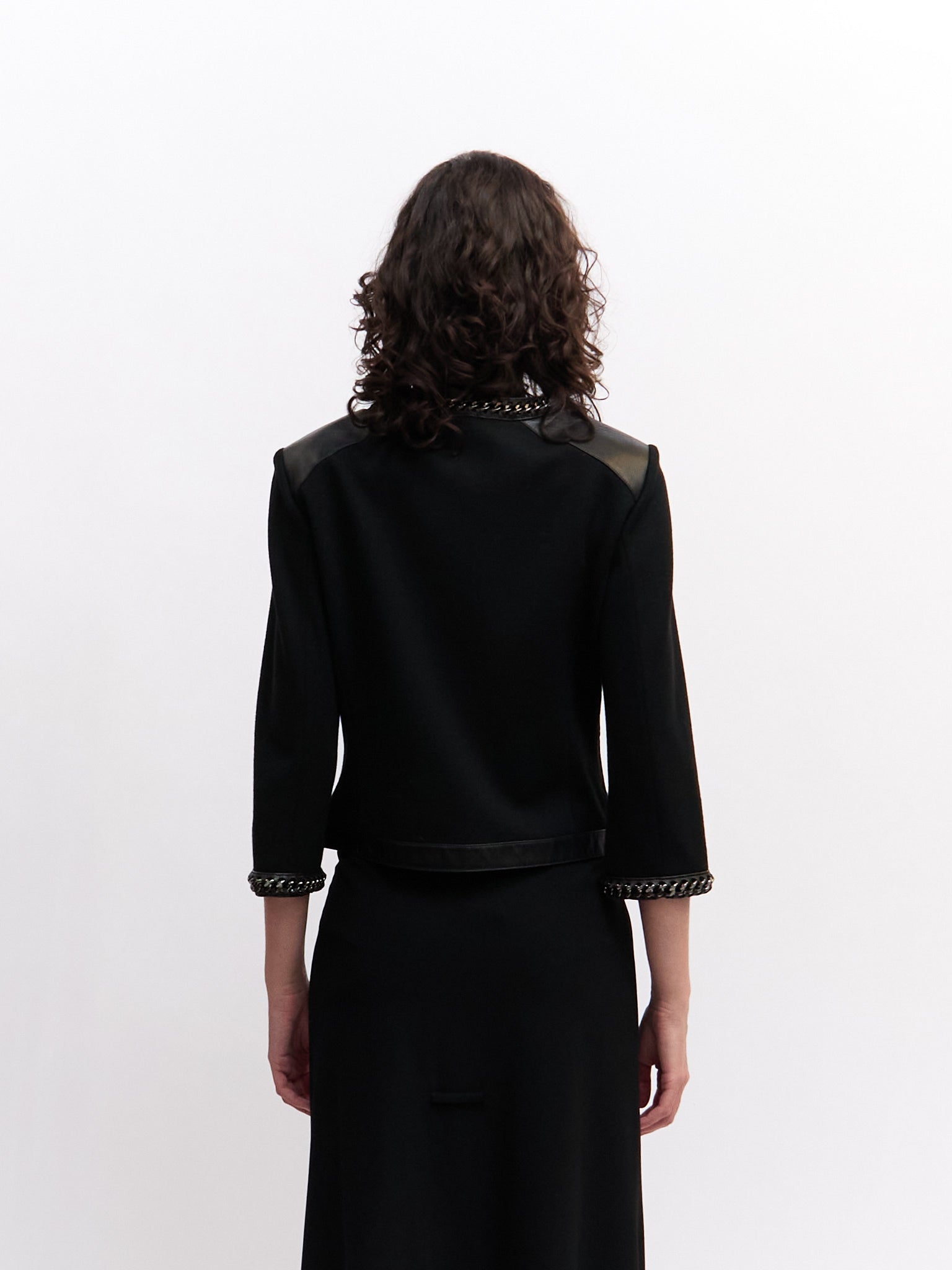 St. John Black Leather Knit Combo Jacket