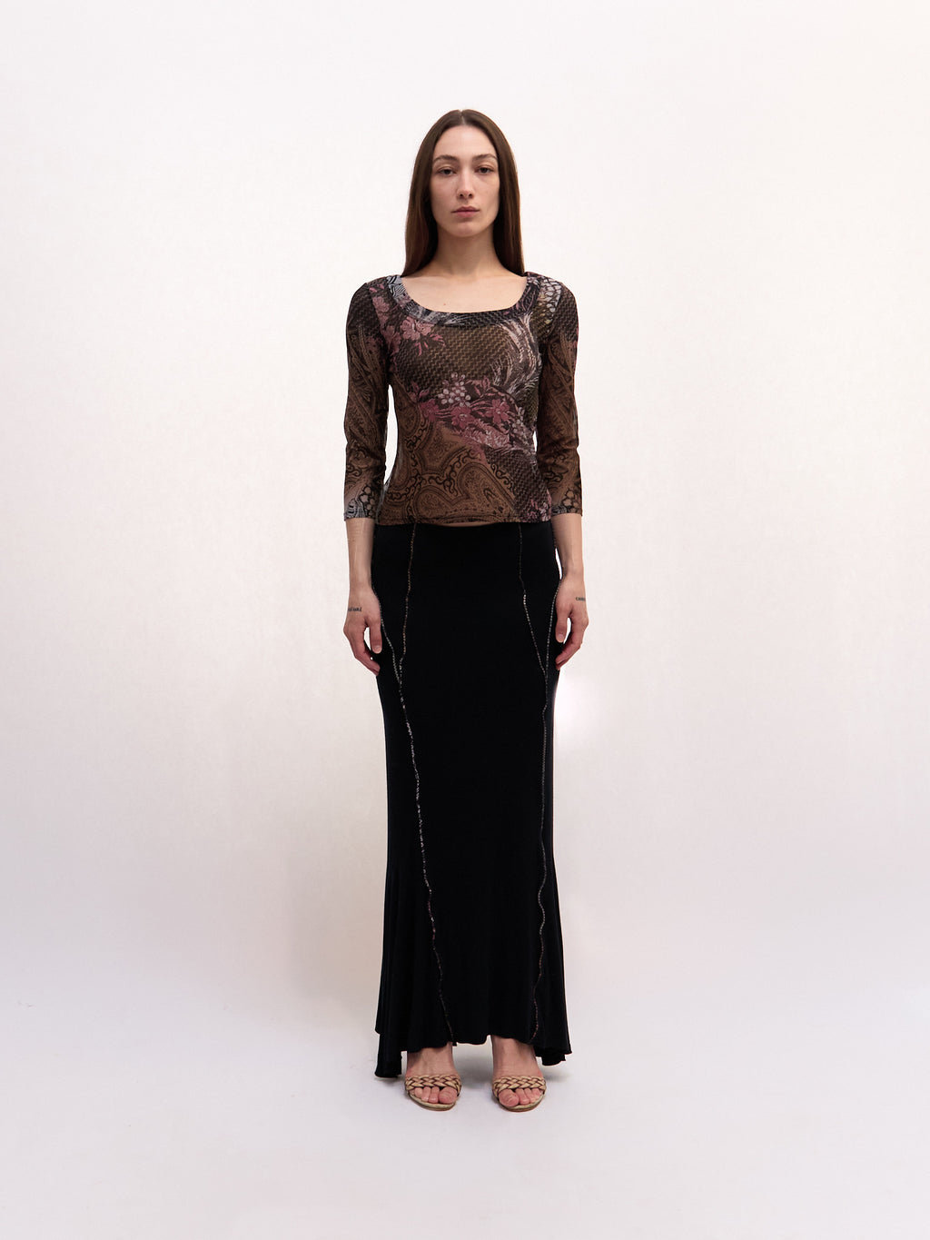 Cavalli Class Purple Floral Printed Top and Black Maxi Skirt