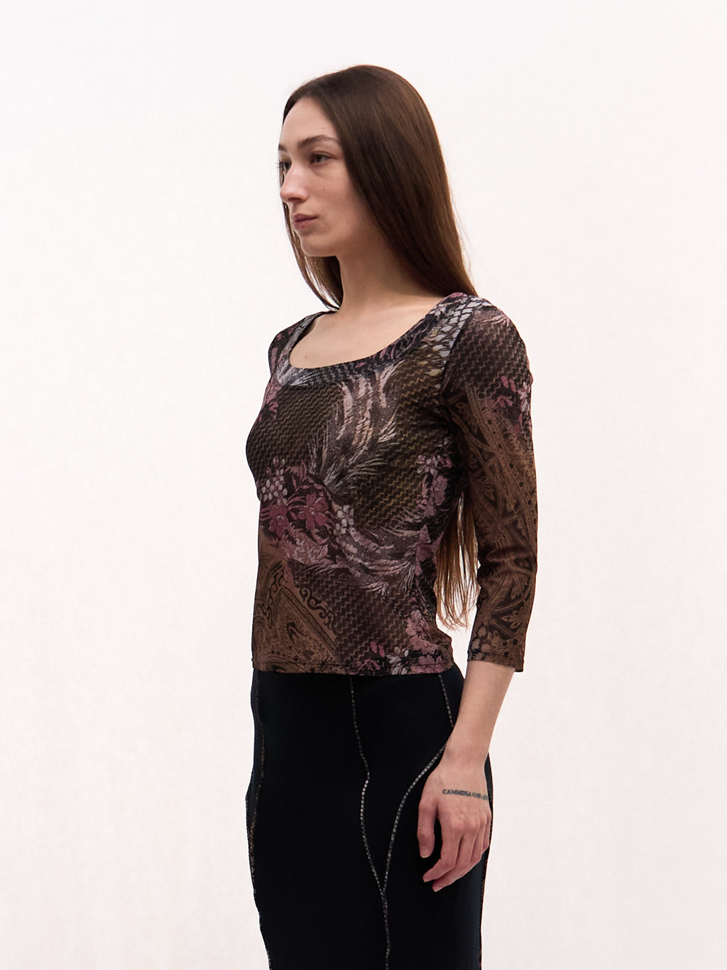 Cavalli Class Purple Floral Printed Top and Black Maxi Skirt