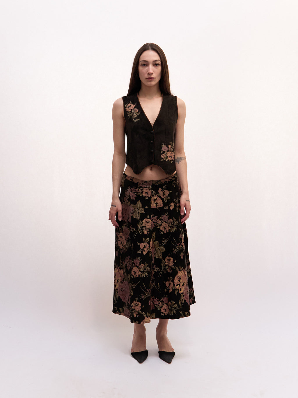 80's Roberto Cavalli Tan Leather Patchwork Vest Maxi Skirt Set