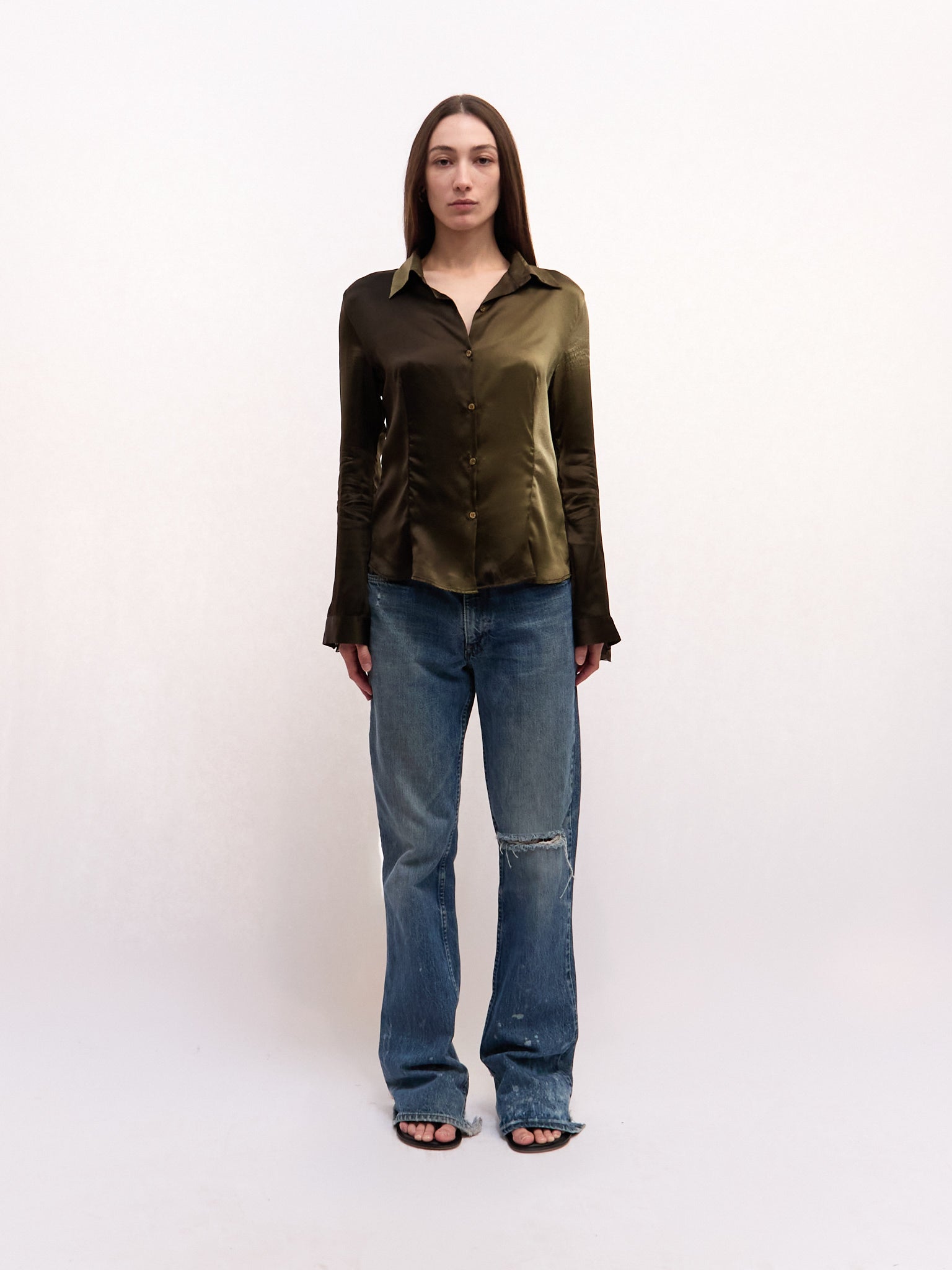 Roberto Cavalli Green Flared Sleeve Silk Printed Top