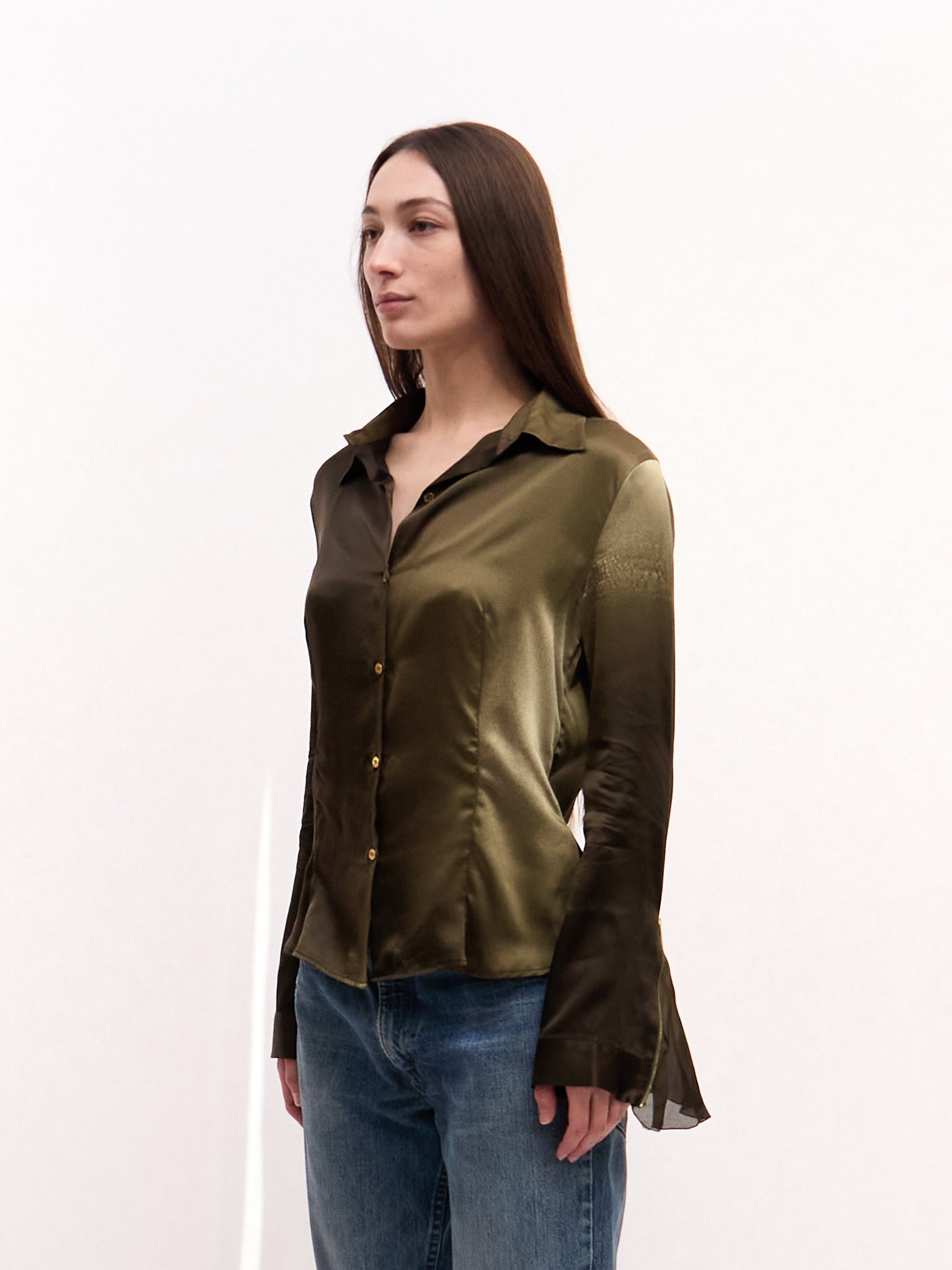 Roberto Cavalli Green Flared Sleeve Silk Printed Top
