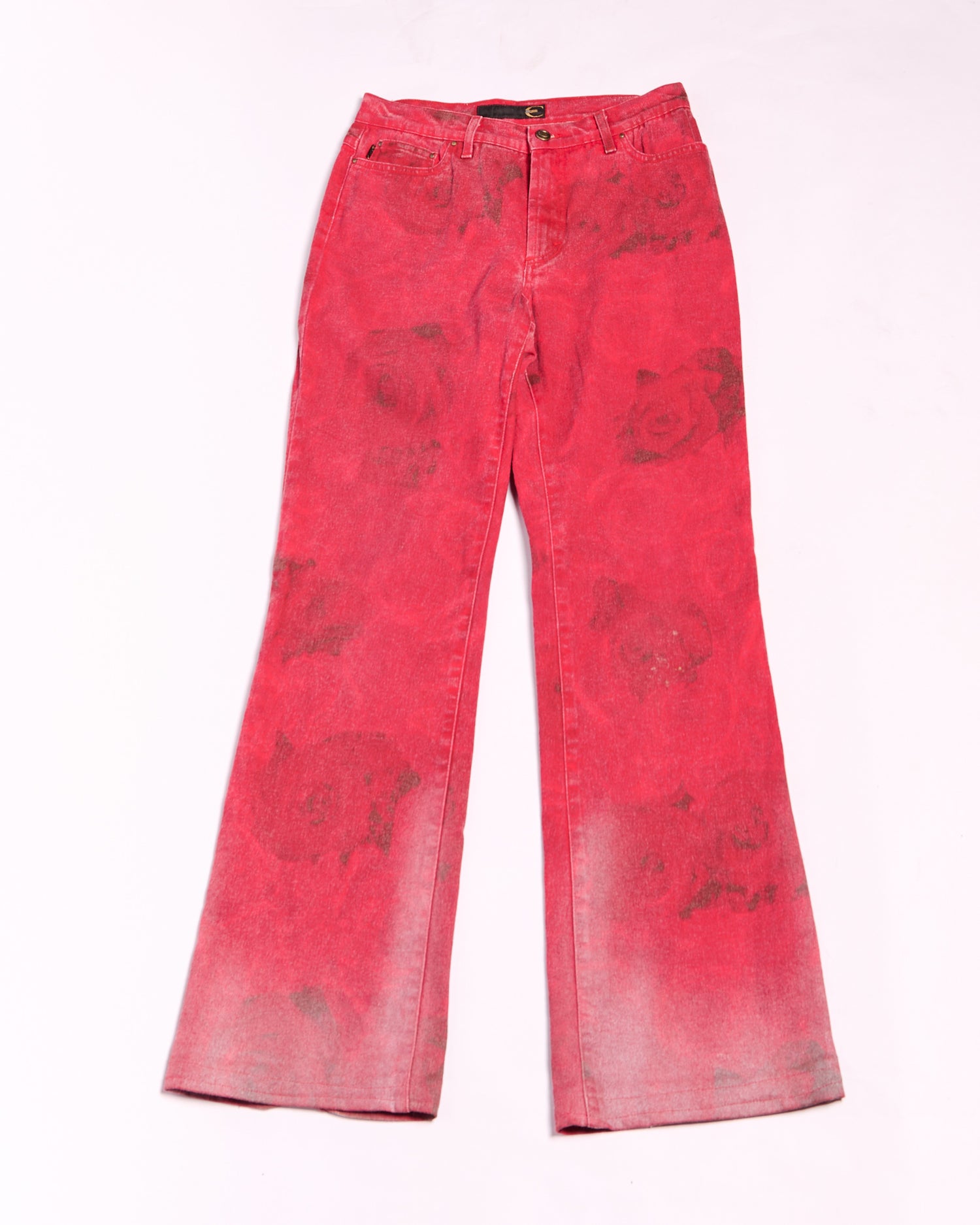 2000s Roberto Cavalli Crimson Red Denim with Black Rose Shadow Print Flare Jeans Size M W29