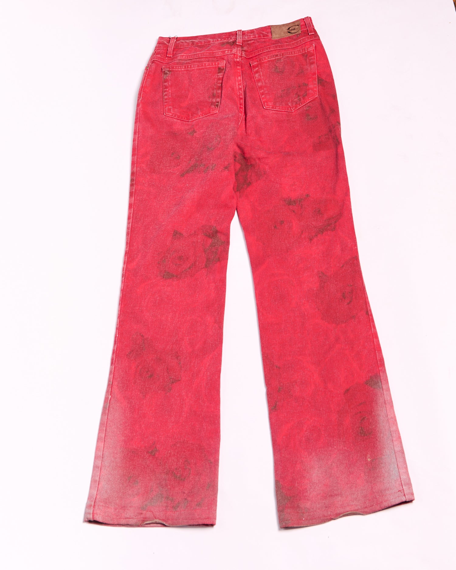 2000s Roberto Cavalli Crimson Red Denim with Black Rose Shadow Print Flare Jeans Size M W29