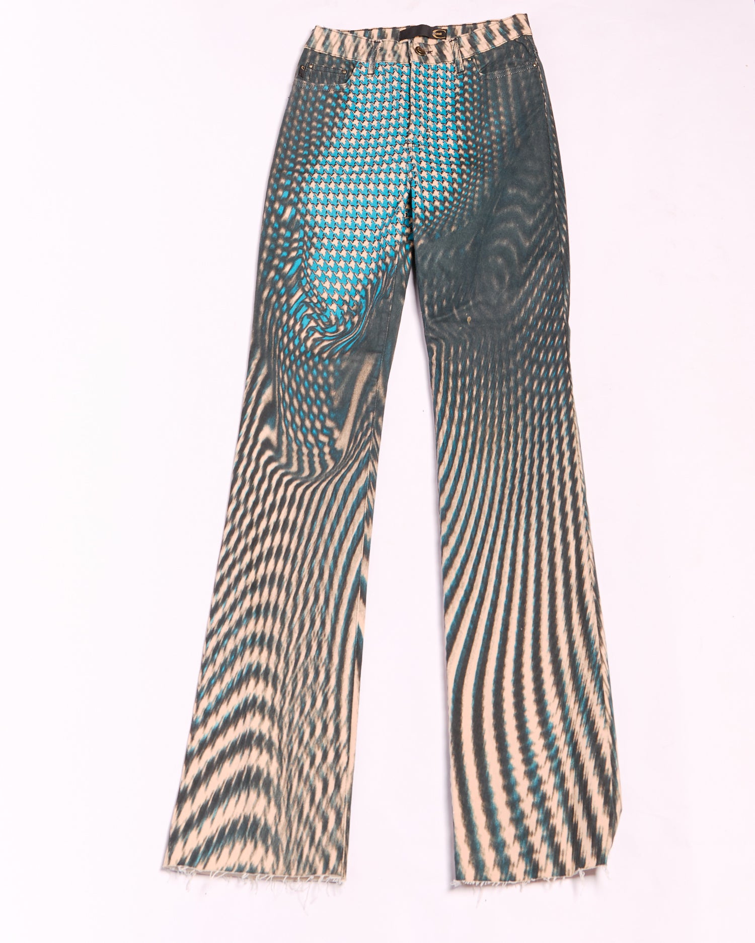 2000s Just Cavalli Black and Tan Optical Houndstooth Warp Print Flare Jeans Size S W26