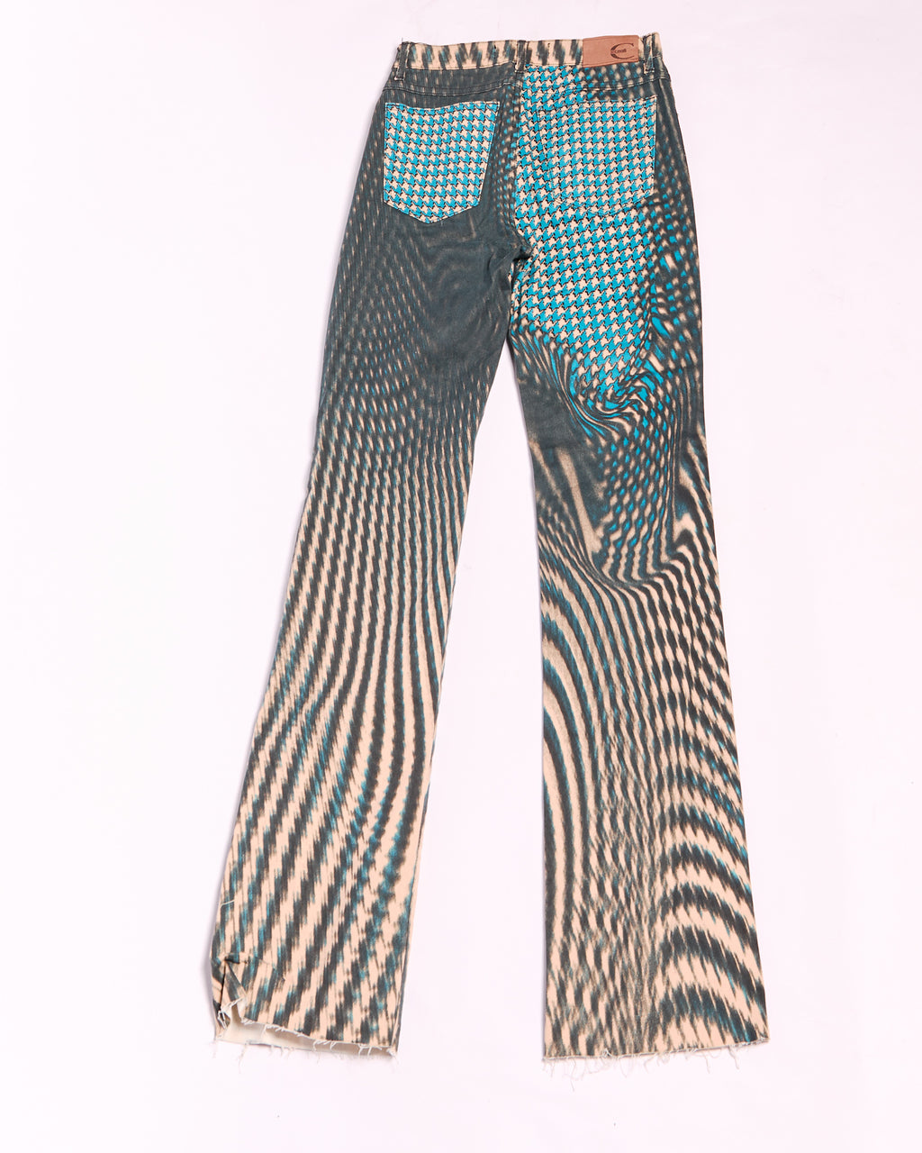 2000s Just Cavalli Black and Tan Optical Houndstooth Warp Print Flare Jeans Size S W26